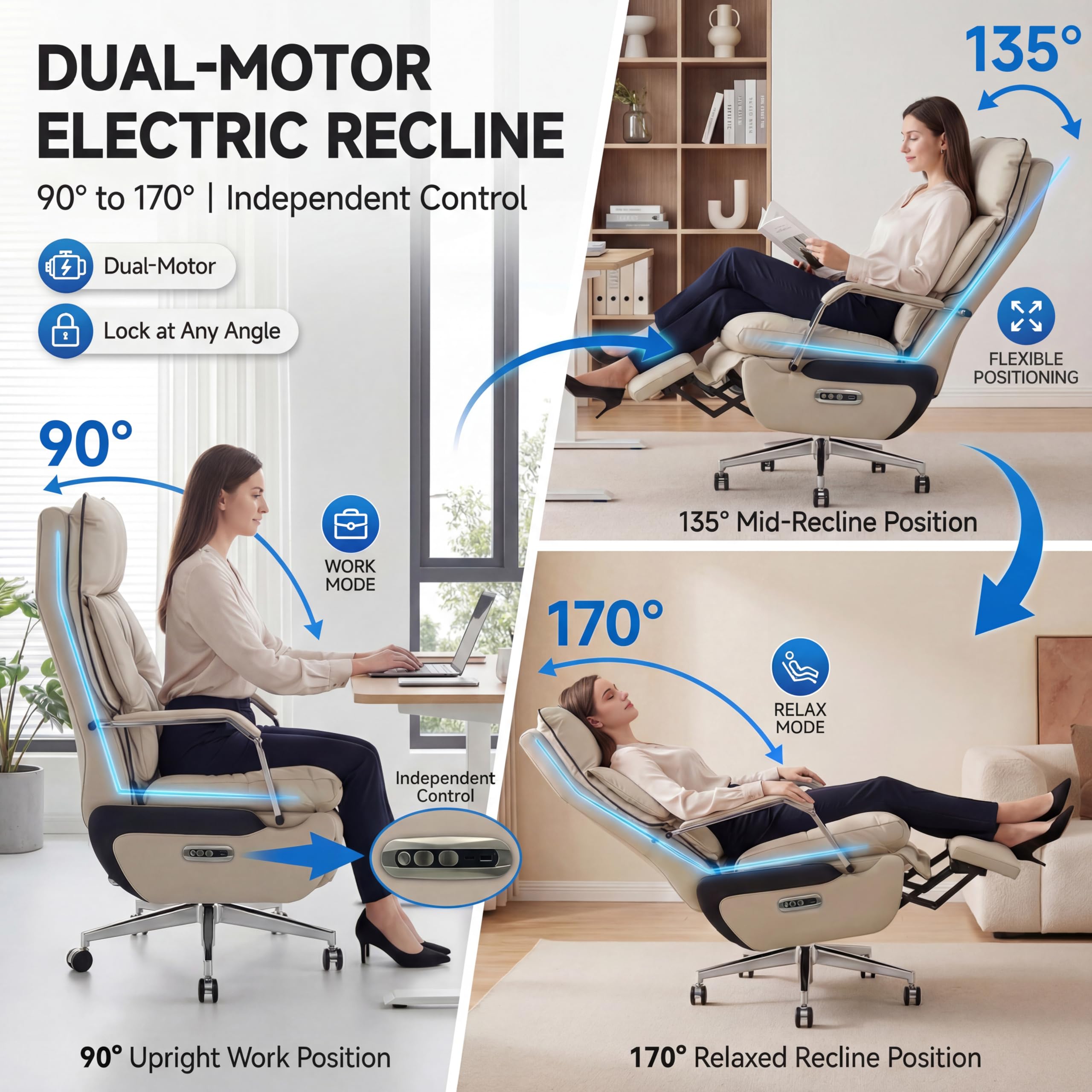 Dual Motor Executive Home Reclining Office Chair with Footrest - One-Click Electric Recline with Massage & Pillow Support Big and Tall PU Leather Ergonomic Desk Chair, High Back Wide Seat (White)