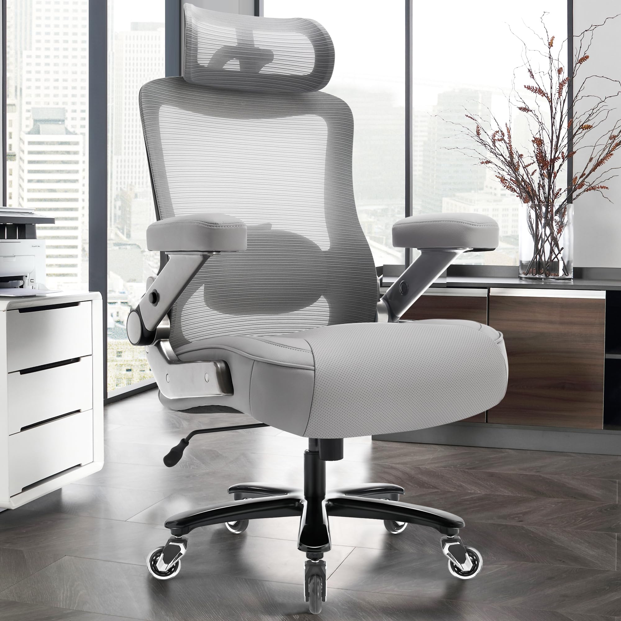 600lbs Big and Tall Office Chair- Heavy Duty Executive Computer Chair with 3D Flip Arms Large Wheels, Ergonomic Mesh High Back Desk Chair, Extra Wide Seat Adjustable Lumbar Support&Headrest