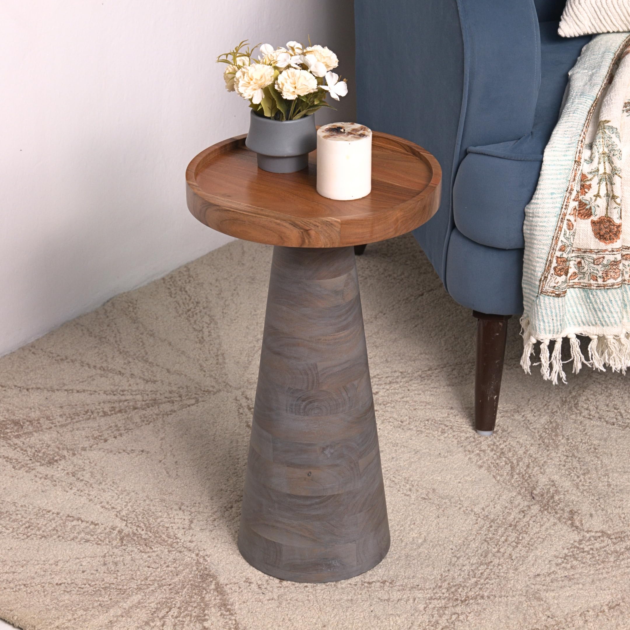 Mid-Century Farmhouse Cottagecore Accent End Table, Solid Wood Side Table with Tray Top,Pedestal Martini Table, Handmade Plant Stand Rustic Drink Table for Living Room, Bedroom, Gray,Assembled