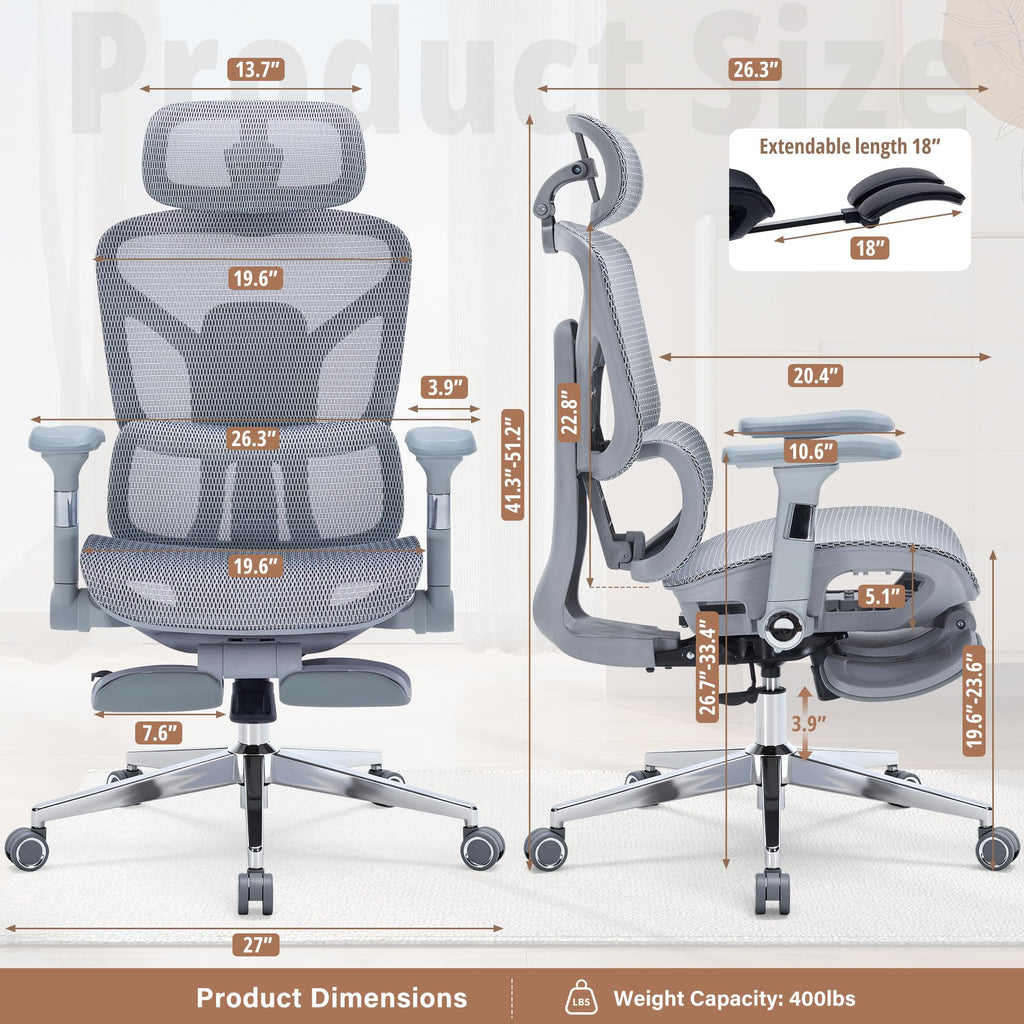 Ergonomic Office Chair with Footrest-Mesh Desk Chair with Adjustable Headrest, 5D Armrests, 3D Lumbar Support & Adjustable Backrest, High Back Swivel Computer Chairs, Heavy Duty Metal Base 400lbs