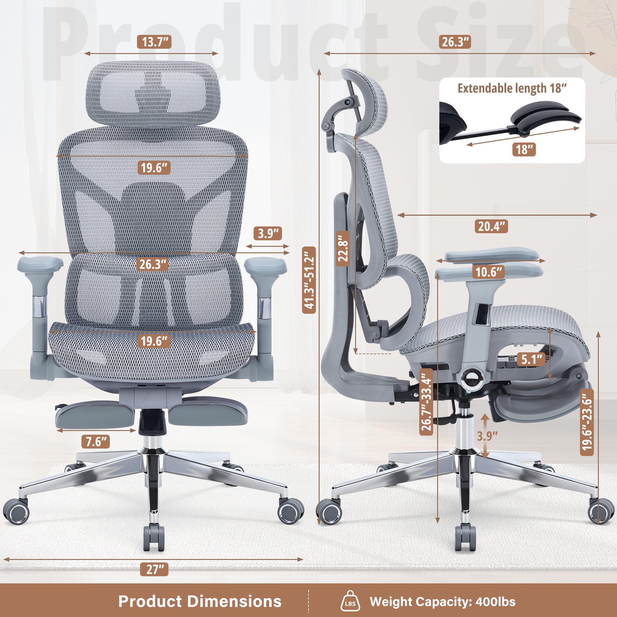 Ergonomic Office Chair with Footrest-Mesh Desk Chair with Adjustable Headrest, 5D Armrests, 3D Lumbar Support & Adjustable Backrest, High Back Swivel Computer Chairs, Heavy Duty Metal Base 400lbs