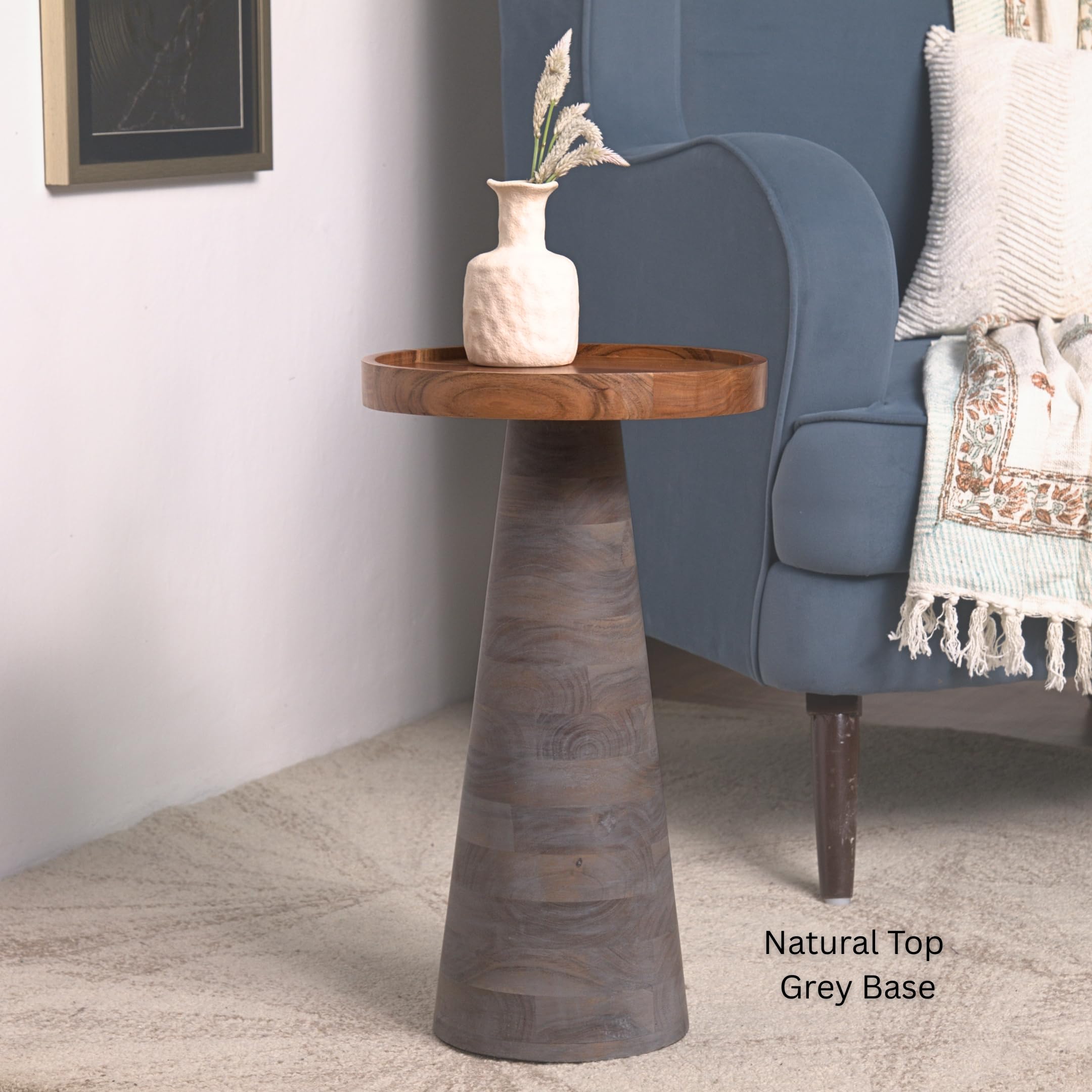 Mid-Century Farmhouse Cottagecore Accent End Table, Solid Wood Side Table with Tray Top,Pedestal Martini Table, Handmade Plant Stand Rustic Drink Table for Living Room, Bedroom, Gray,Assembled