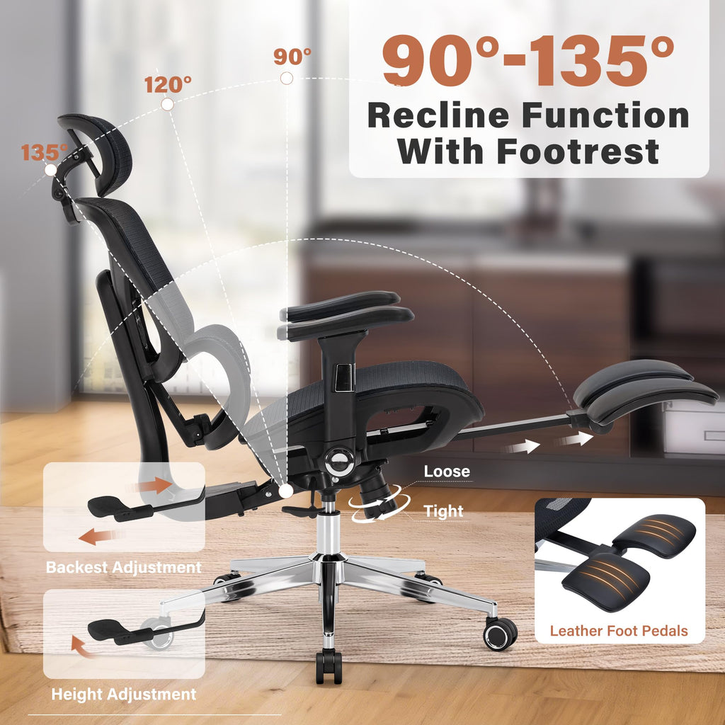 Ergonomic Office Chair with Footrest-Mesh Desk Chair with Adjustable Headrest, 5D Armrests, 3D Lumbar Support & Adjustable Backrest, High Back Swivel Computer Chairs, Heavy Duty Metal Base 400lbs