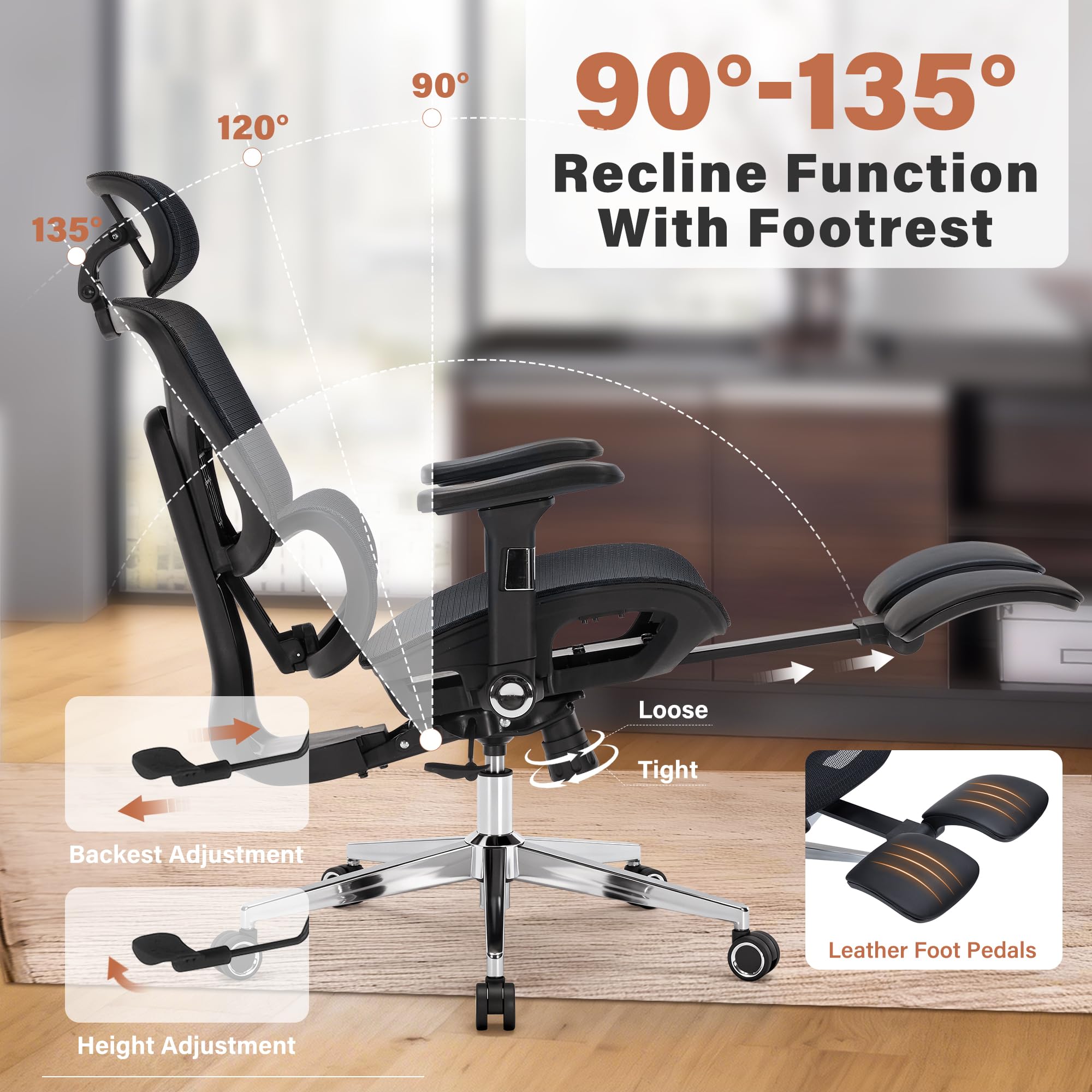 Ergonomic Office Chair with Footrest-Mesh Desk Chair with Adjustable Headrest, 5D Armrests, 3D Lumbar Support & Adjustable Backrest, High Back Swivel Computer Chairs, Heavy Duty Metal Base 400lbs