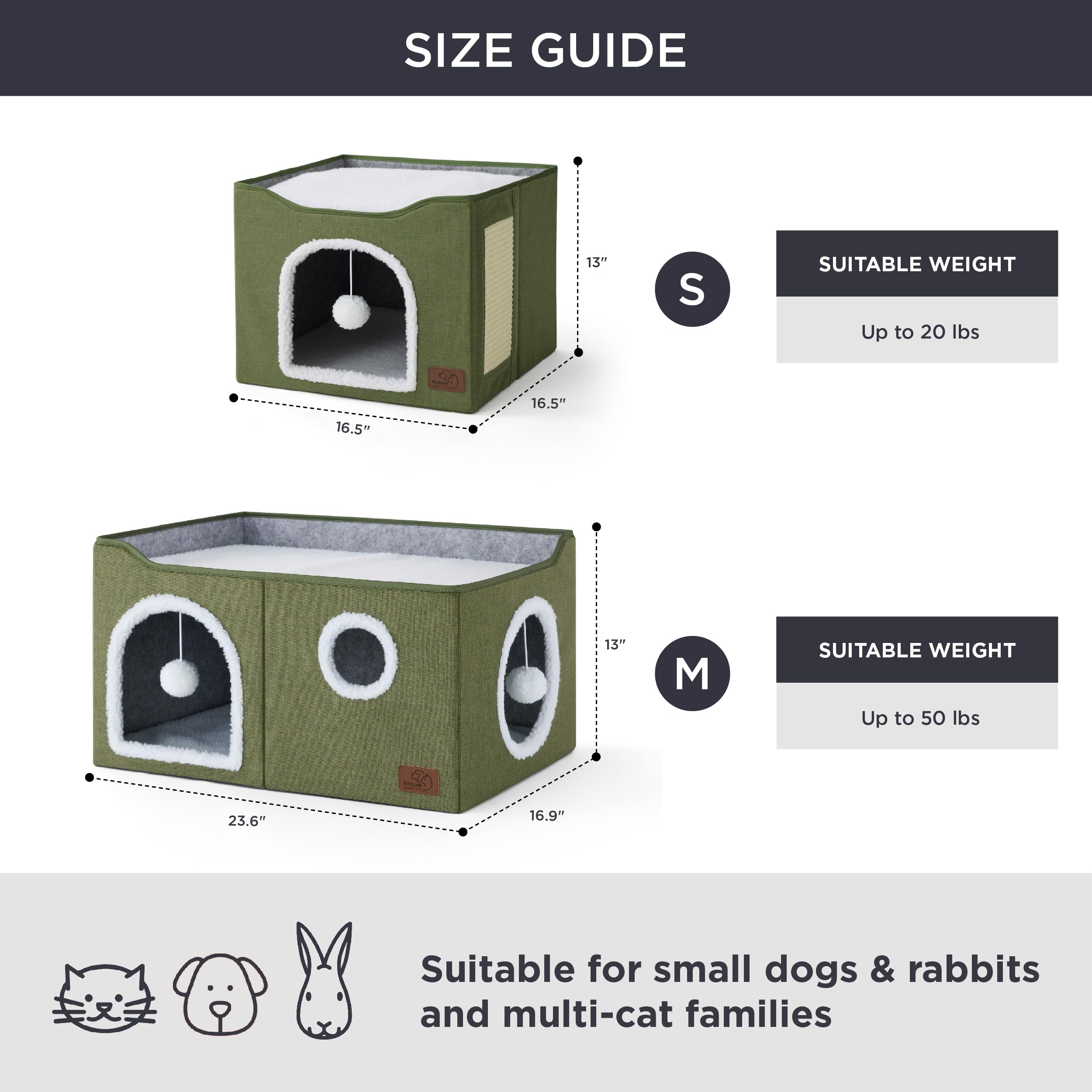 Large Cat Beds for Indoor Cats - Extra Wide Cat Cube House for Small Pet with Fluffy Ball Hanging and Scratch Pad, Foldable Pet Cave Hideaway for Multiple Cats, 23.6x16.9x13 inches
