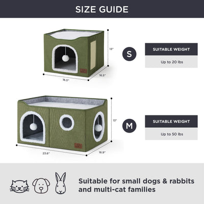 Large Cat Beds for Indoor Cats - Extra Wide Cat Cube House for Small Pet with Fluffy Ball Hanging and Scratch Pad, Foldable Pet Cave Hideaway for Multiple Cats, 23.6x16.9x13 inches