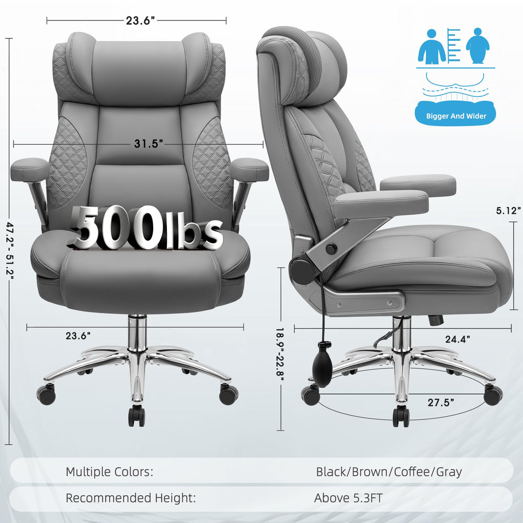 Office Chair, 5D Flip Arm Ergonomic Desk Chair with Adjustable Lumbar Support for Back Pain, Extra Wide 500LBS Comfy Big and Tall Office Chair, Executive Leather Computer Game Chair for Heavy People