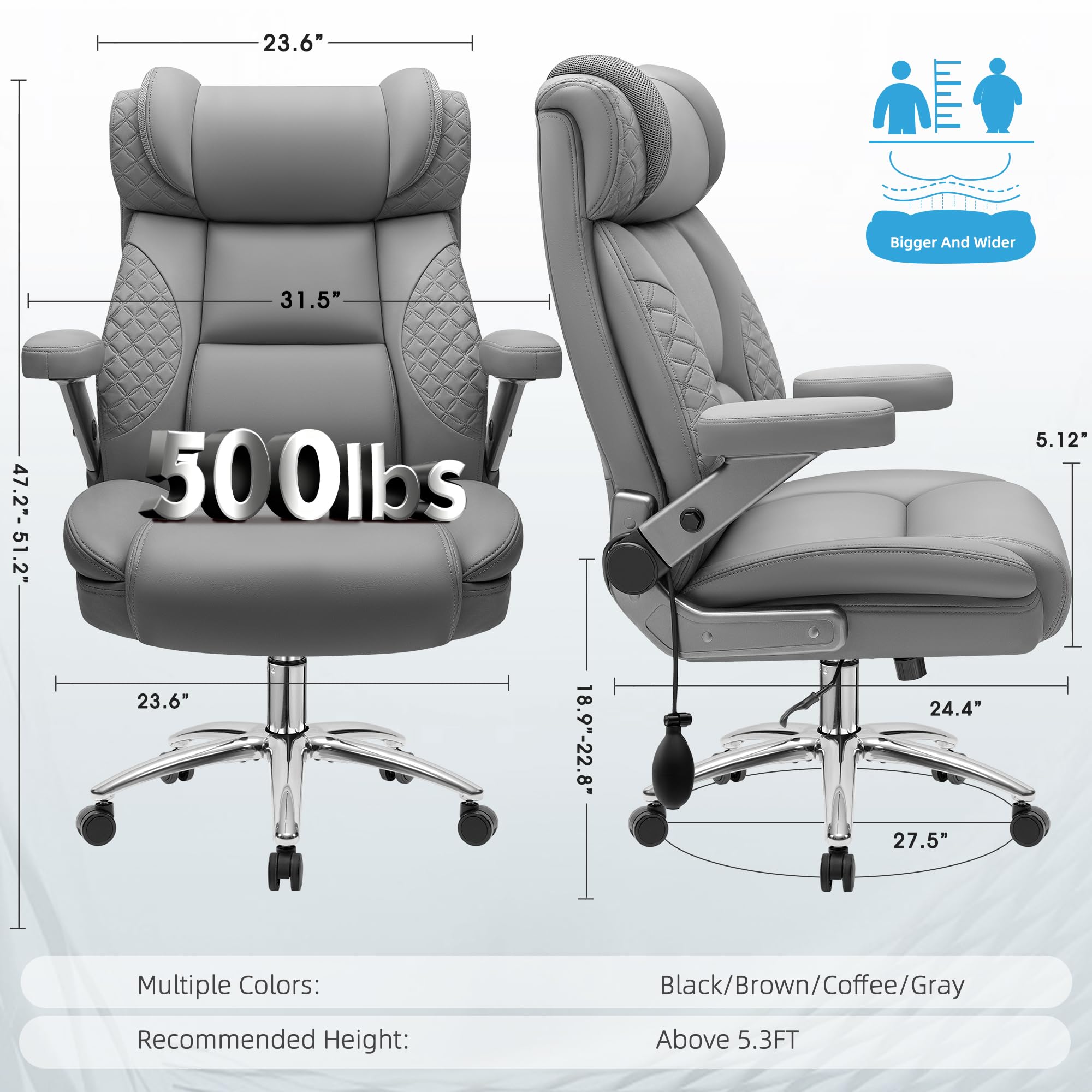 Office Chair, 5D Flip Arm Ergonomic Desk Chair with Adjustable Lumbar Support for Back Pain, Extra Wide 500LBS Comfy Big and Tall Office Chair, Executive Leather Computer Game Chair for Heavy People
