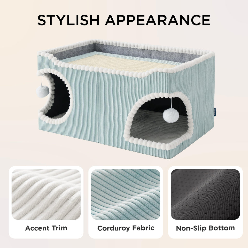 Large Cat Beds for Indoor Cats - Extra Wide Cat House with Scratch Removable Top Sisal Pad for Multi Cats, Foldable Cave Hideaway for Entertainment, 23.6x15.9x12.6inches, Blue