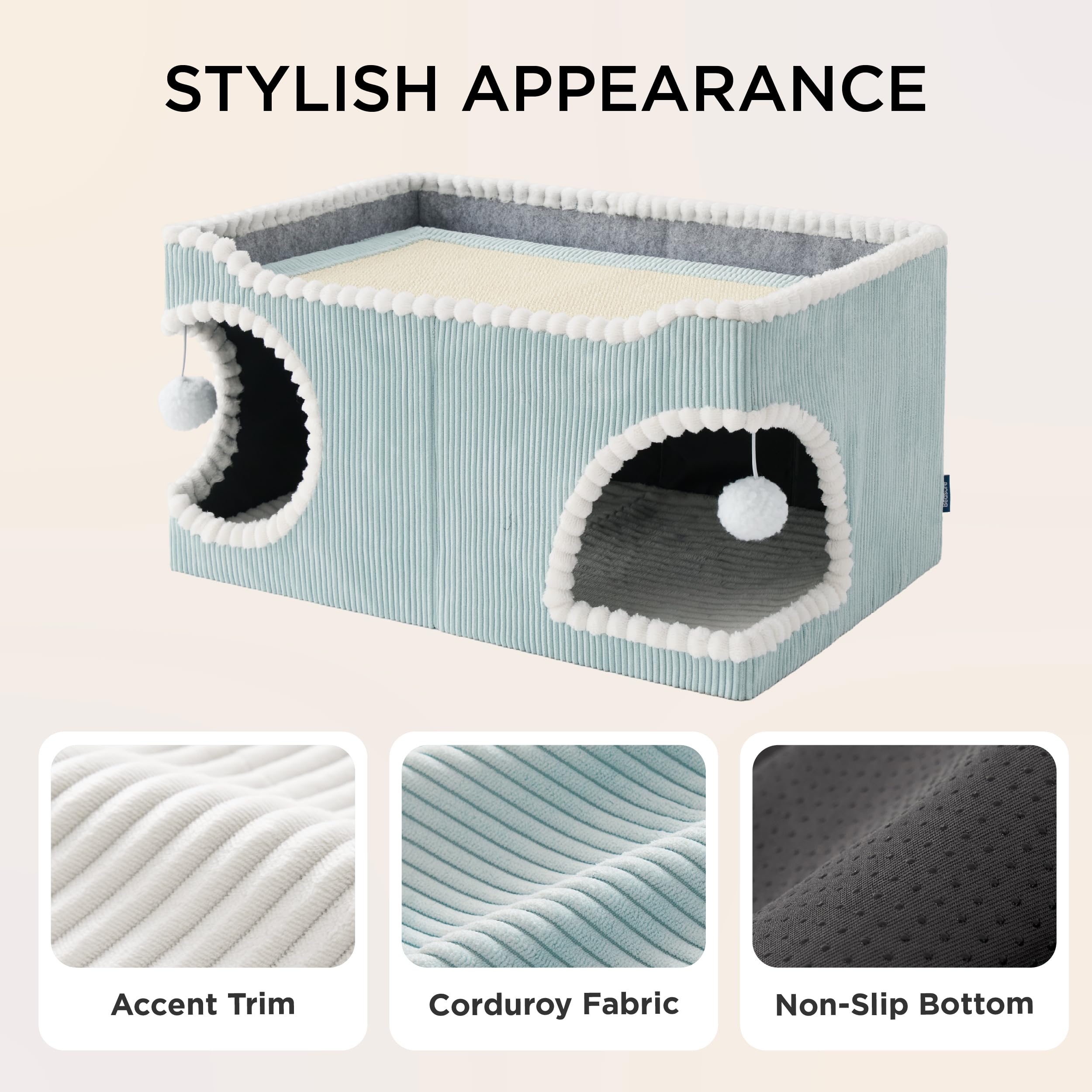 Large Cat Beds for Indoor Cats - Extra Wide Cat House with Scratch Removable Top Sisal Pad for Multi Cats, Foldable Cave Hideaway for Entertainment, 23.6x15.9x12.6inches, Blue