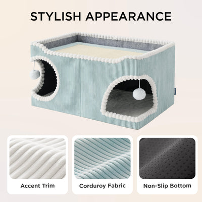 Large Cat Beds for Indoor Cats - Extra Wide Cat House with Scratch Removable Top Sisal Pad for Multi Cats, Foldable Cave Hideaway for Entertainment, 23.6x15.9x12.6inches, Blue