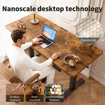 55 Inch Large Electric Standing Desk, Heights Adjustable, Sit to Stand Up, Work Home Office Computer Table for Study, Walking Pad, Writing, and Games, Wooden Desktop Desks, Brown