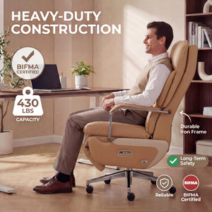 Dual Motor Executive Home Reclining Office Chair with Footrest - One-Click Electric Recline with Massage & Pillow Support Big and Tall PU Leather Ergonomic Desk Chair, High Back Wide Seat (Brown)