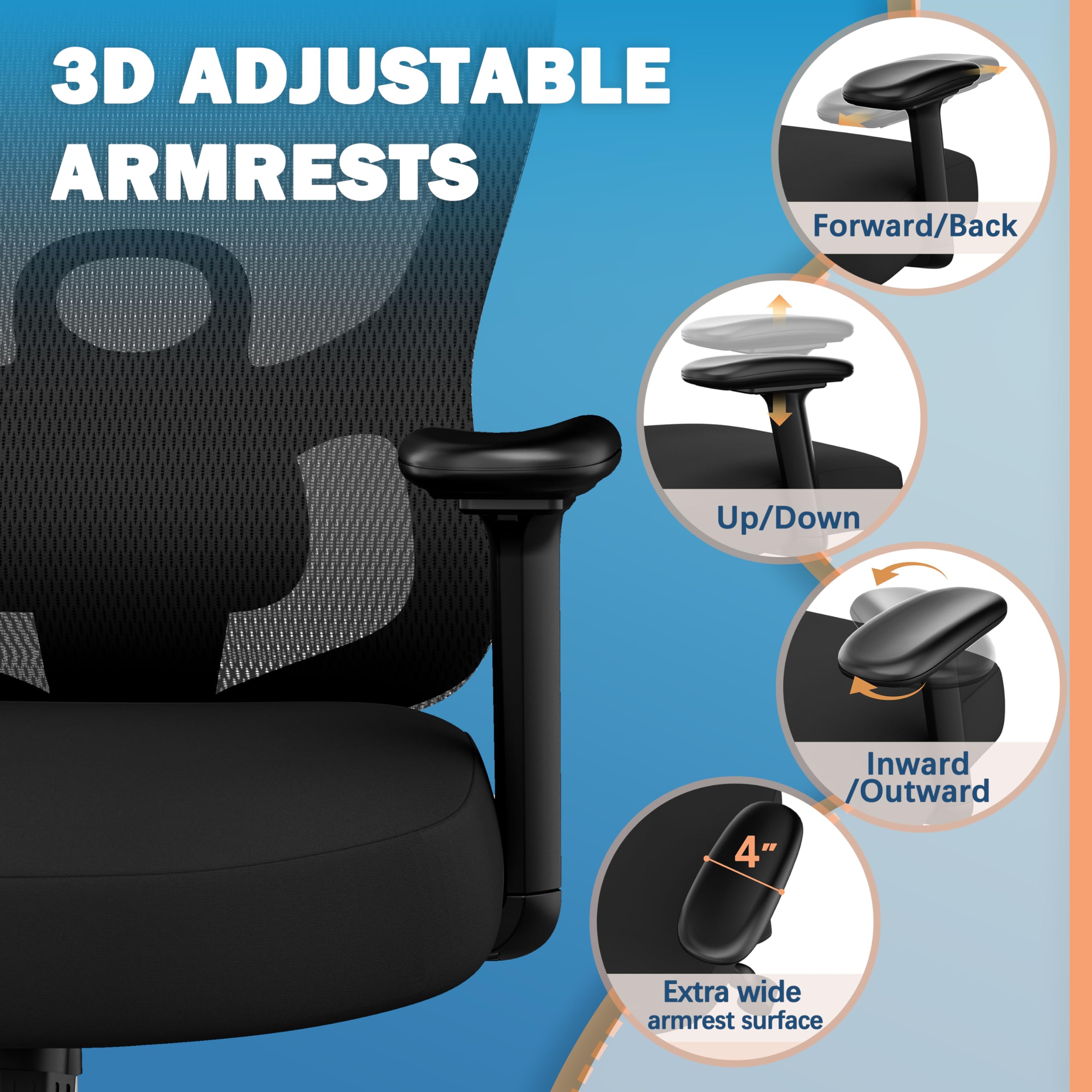 Ergonomic Office Chair,Home Desk Chair with Mesh Back,Adjustable Lumbar Support,Built-in Springs Wide Seat,Executive Task Chair with 3-D Big Armrests,Tilt Function,Computer Desk Chair