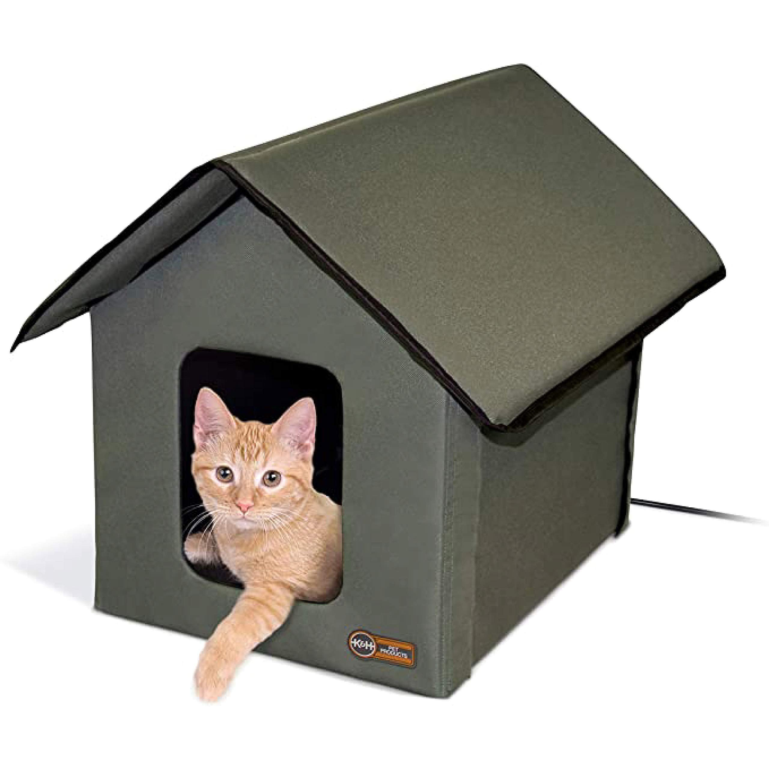 Heated Outdoor Cat House for Outside Pets in Winter, Weatherproof Outdoor House for Ferals, Insulated Kitty Shelter, 2 Doors, Waterproof Heated Cat Bed, Safety Listed - Olive/Olive