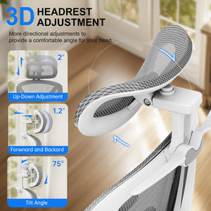 Ergonomic Mesh Office Chair, Home Desk Chair Comfy with Adjustable Lumbar Support 3D Headrest and Armrests, Reclining Big and Tall High Back Computer Gaming Chairs for Man Women, 350lbs Grey