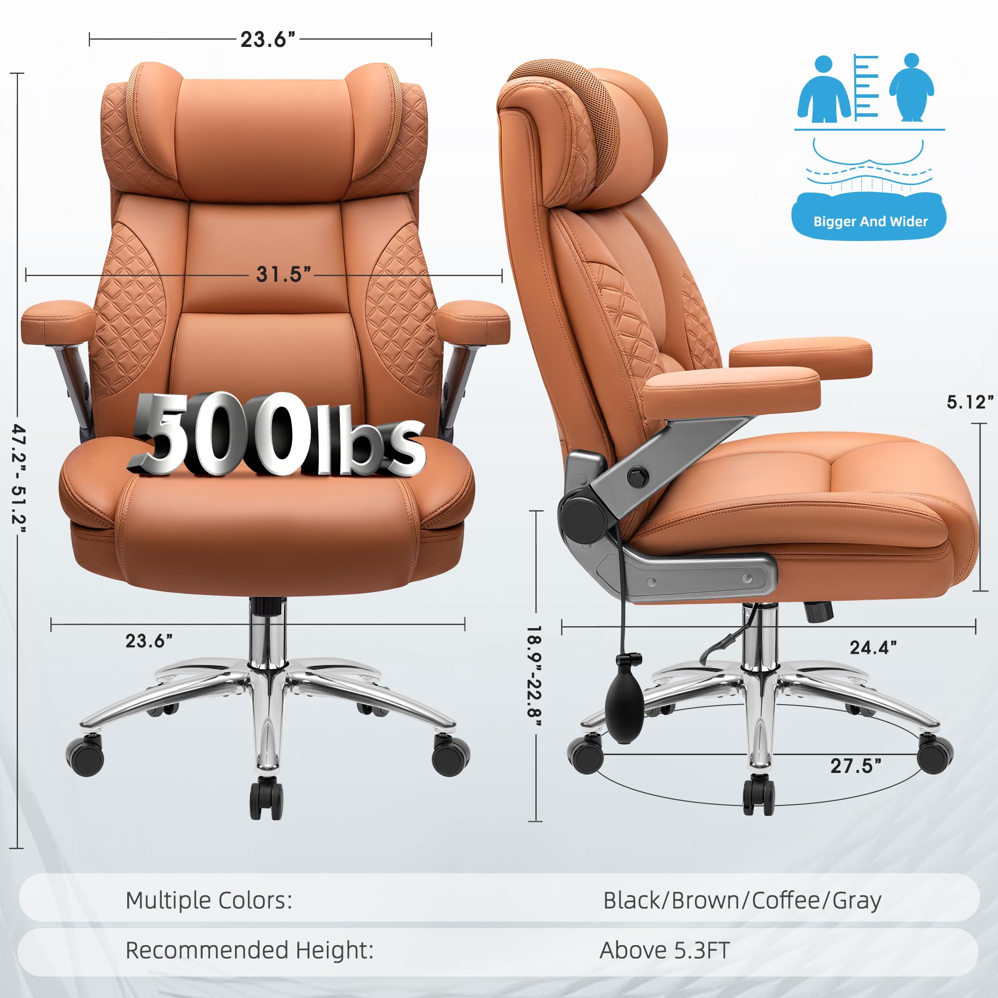 Office Chair, 5D Flip Arm Ergonomic Desk Chair with Adjustable Lumbar Support for Back Pain, Extra Wide 500LBS Comfy Big and Tall Office Chair, Executive Leather Computer Game Chair for Heavy People