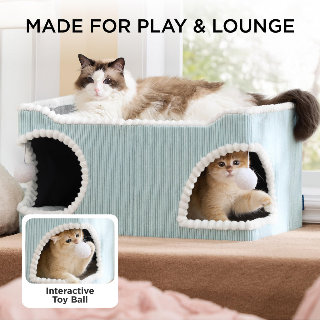 Large Cat Beds for Indoor Cats - Extra Wide Cat House with Scratch Removable Top Sisal Pad for Multi Cats, Foldable Cave Hideaway for Entertainment, 23.6x15.9x12.6inches, Blue