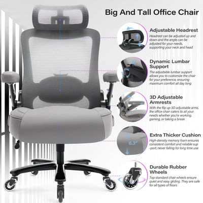 600lbs Big and Tall Office Chair- Heavy Duty Executive Computer Chair with 3D Flip Arms Large Wheels, Ergonomic Mesh High Back Desk Chair, Extra Wide Seat Adjustable Lumbar Support&Headrest