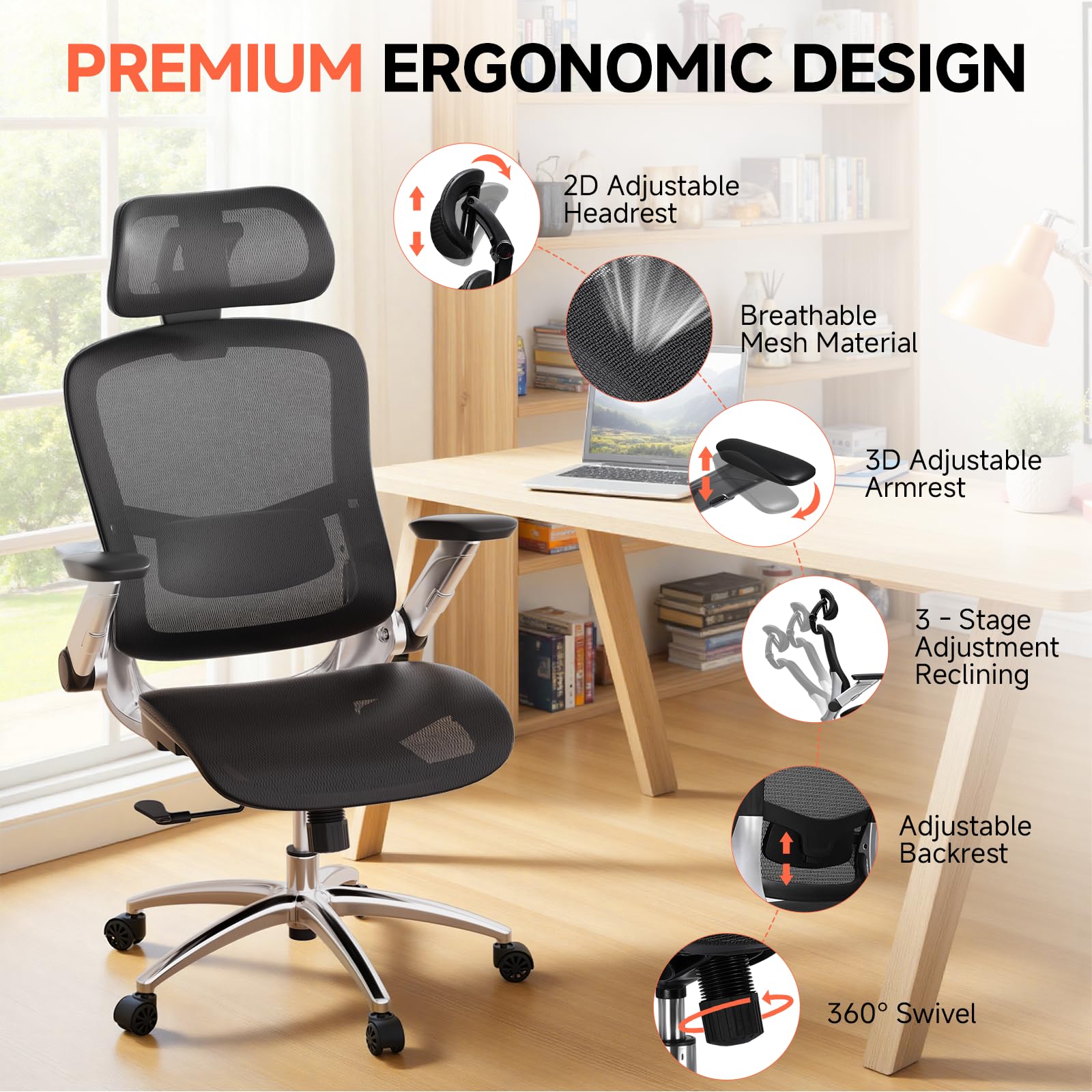 Big and Tall Ergonomic Mesh Office Chair, High Back Home Desk Chair Computer Gaming Chair with Headrest, Flip-Up Arms, 90-125° Tilt Lock and Wide Cushion, Task Chair for Man Woman-Deep Black