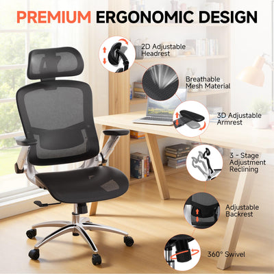 Big and Tall Ergonomic Mesh Office Chair, High Back Home Desk Chair Computer Gaming Chair with Headrest, Flip-Up Arms, 90-125° Tilt Lock and Wide Cushion, Task Chair for Man Woman-Deep Black