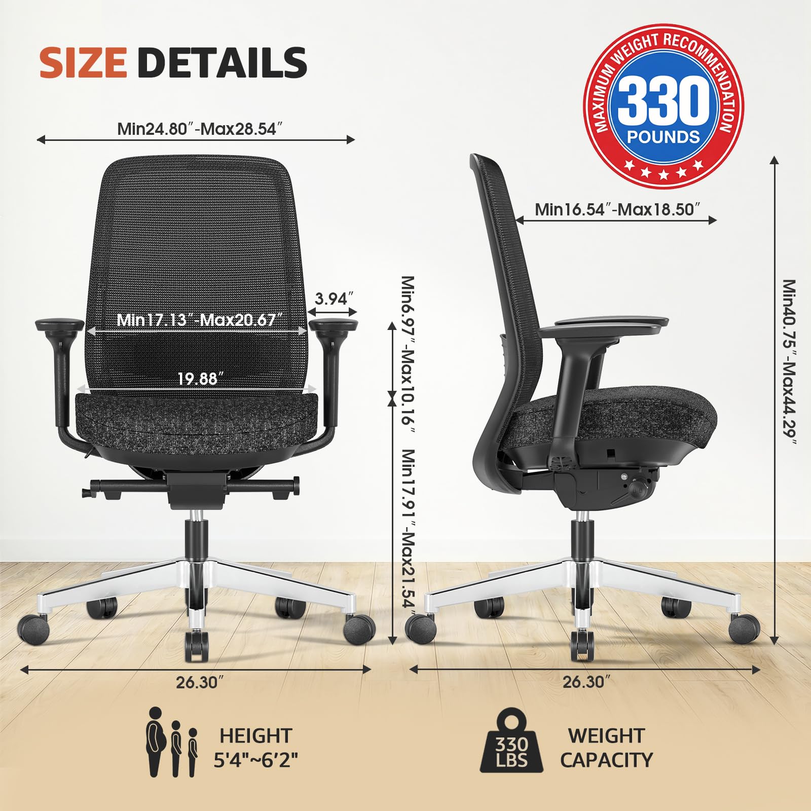 Ergonomic Office Chair - High-Back Mesh Desk Chair with Adjustable Lumbar Support 4D Armrests for Long Hours Sitting Black