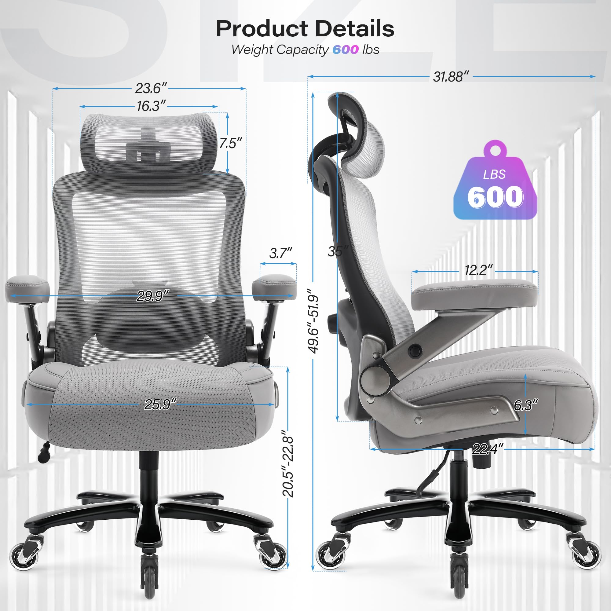 600lbs Big and Tall Office Chair- Heavy Duty Executive Computer Chair with 3D Flip Arms Large Wheels, Ergonomic Mesh High Back Desk Chair, Extra Wide Seat Adjustable Lumbar Support&Headrest