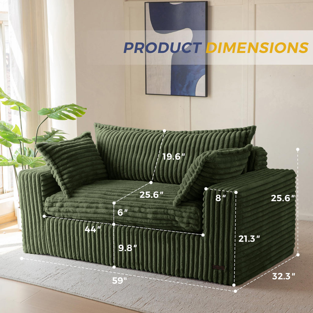 59" Bean Bag Sofa Couch, Loveseat Boneless Couch in a Box, Upholstered Small Mini Sofa with Deep Seating for Living Room Bedroom Office Apartment, No Assembly, Green