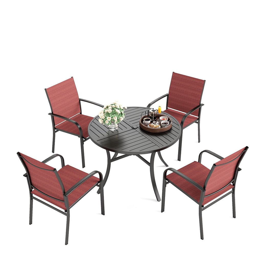 5 Pieces Patio Dining Set, Patio Table and Chairs Set for 4, 4 x Red Textilene Dining Chair and 42" Metal Round Table for Lawn Garden Backyard Deck