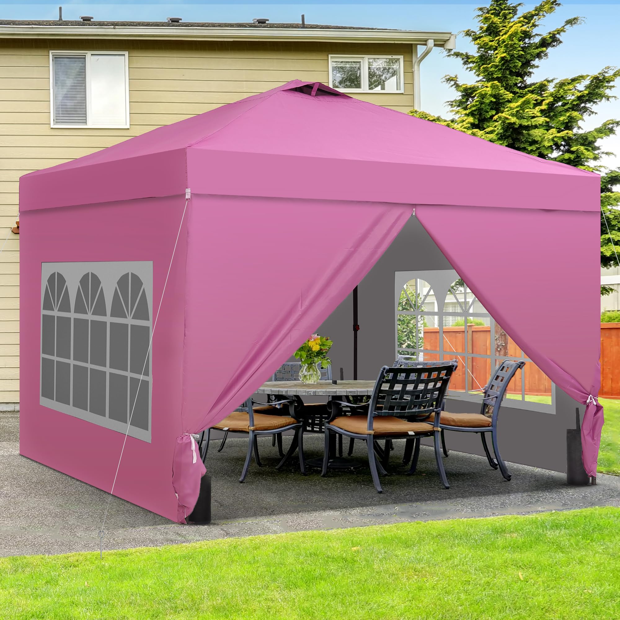 12x12 Pop Up Canopy Tent with 4 Sidewalls, Easy Set up with One Push Lift Gazebo with Wheel Bag and4 Sandbags,Carpas for Events, Parties,Camping, Pink.