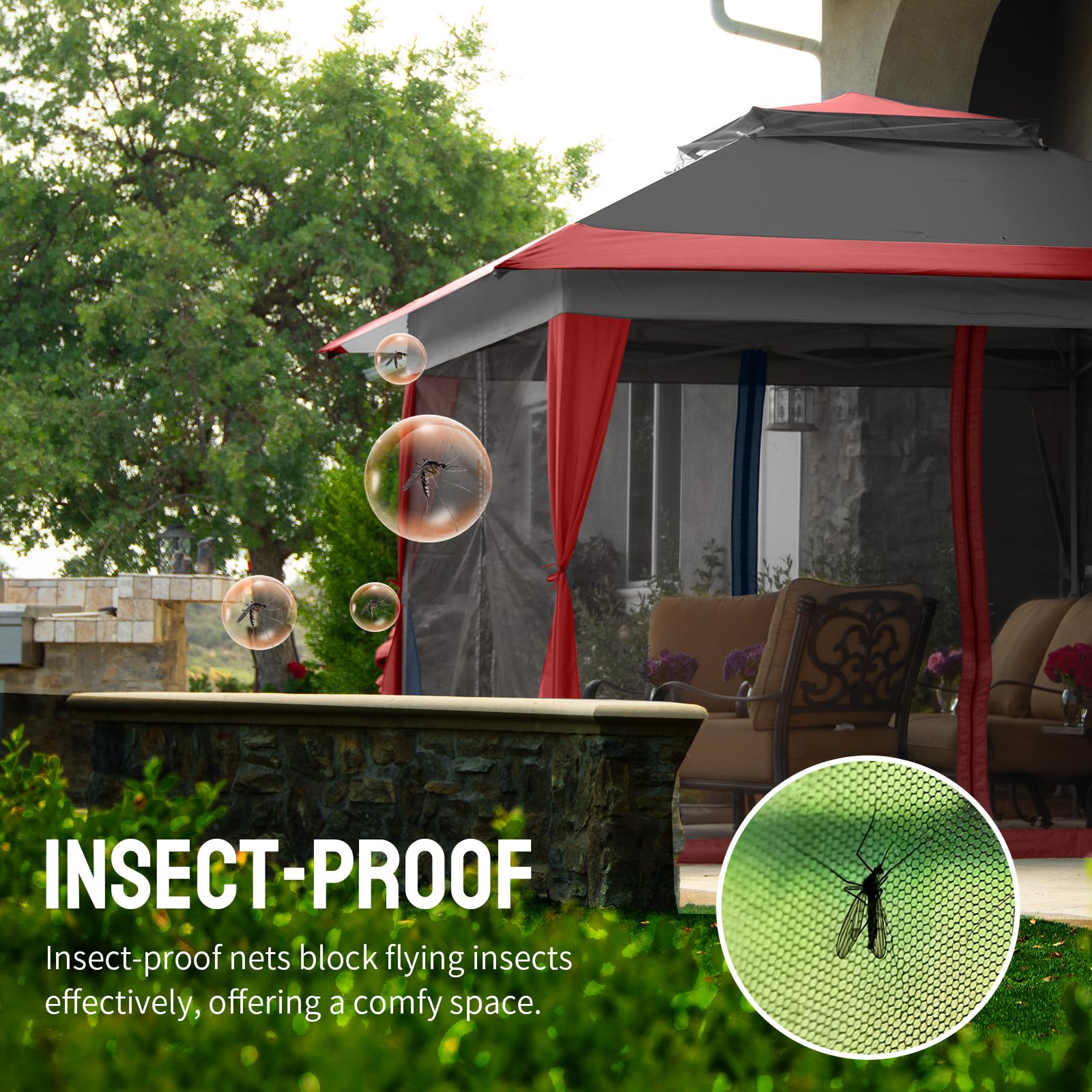 11x11 Pop Up Gazebo, Patented One Push Outoor Canopy Tent with Wheeled STO-N-Go Cover Bag, Pop Up Canopy with Netting for Patio, Backyard (11x11, Red &Grey)