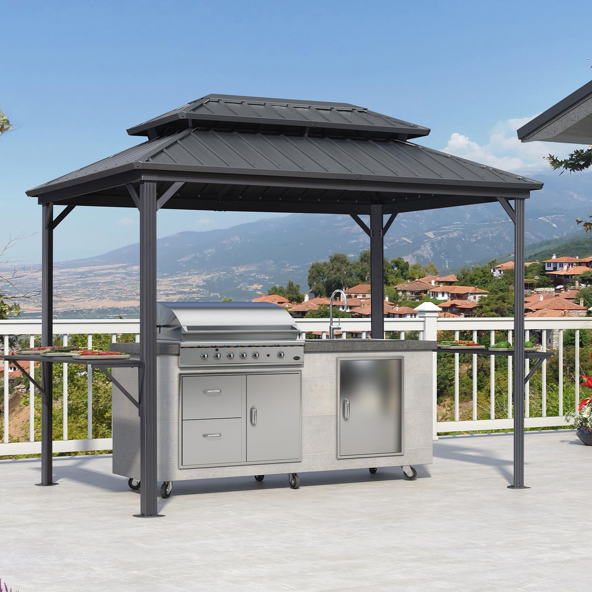 6.5' X 10' Hardtop Grill Gazebo for Patio Permanent Aluminum Barbeque Shelter Gazebo Canopy with Ceiling Hook and Shelves Double Tiered Grey Outdoor BBQ