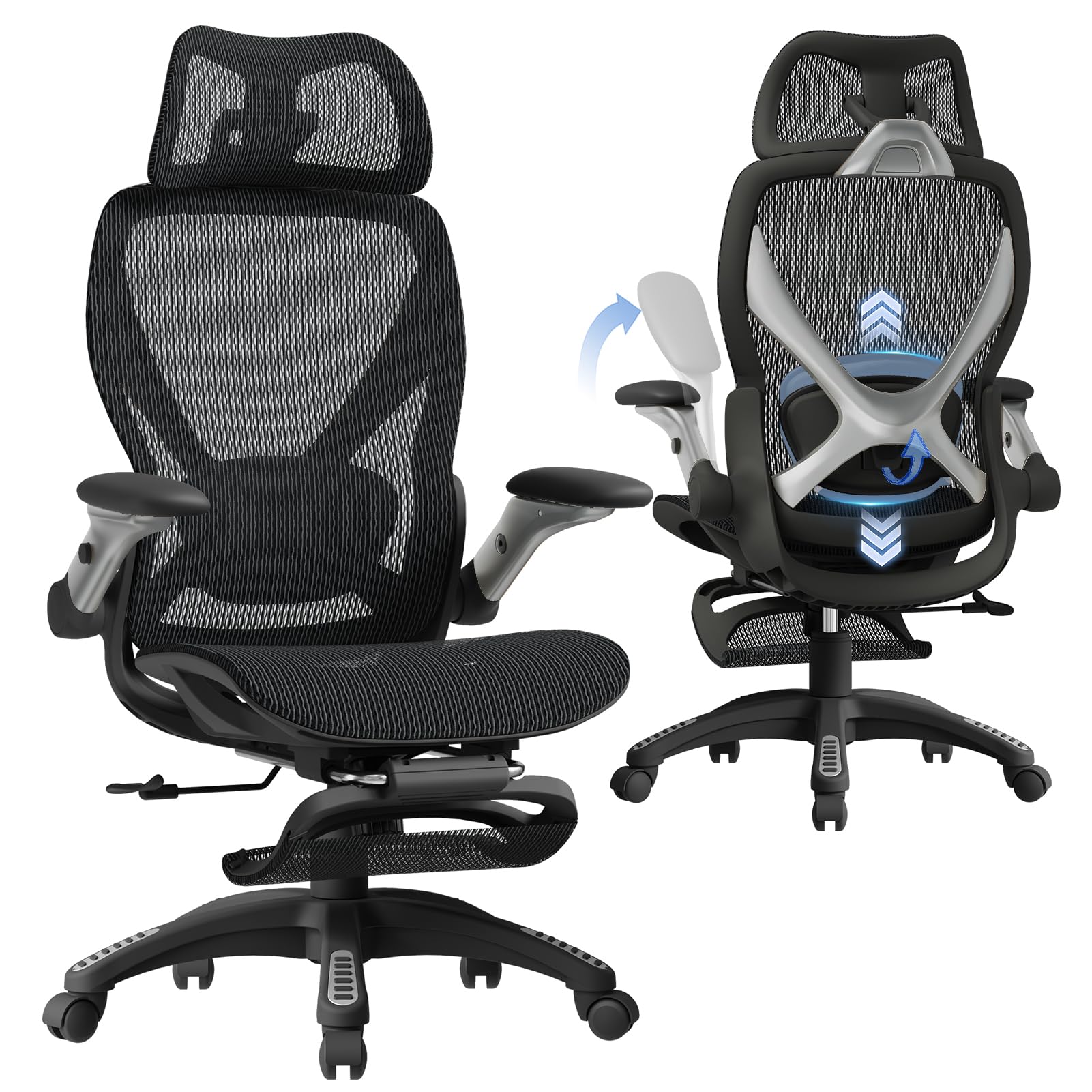 Ergonomic Mesh Office Chair with Footrest, Big and Tall Hone Desk Chair with 5D Flip-Up Arms, Adjustable 3D Lumbar Support,Gaming & Executive Computer Chairs