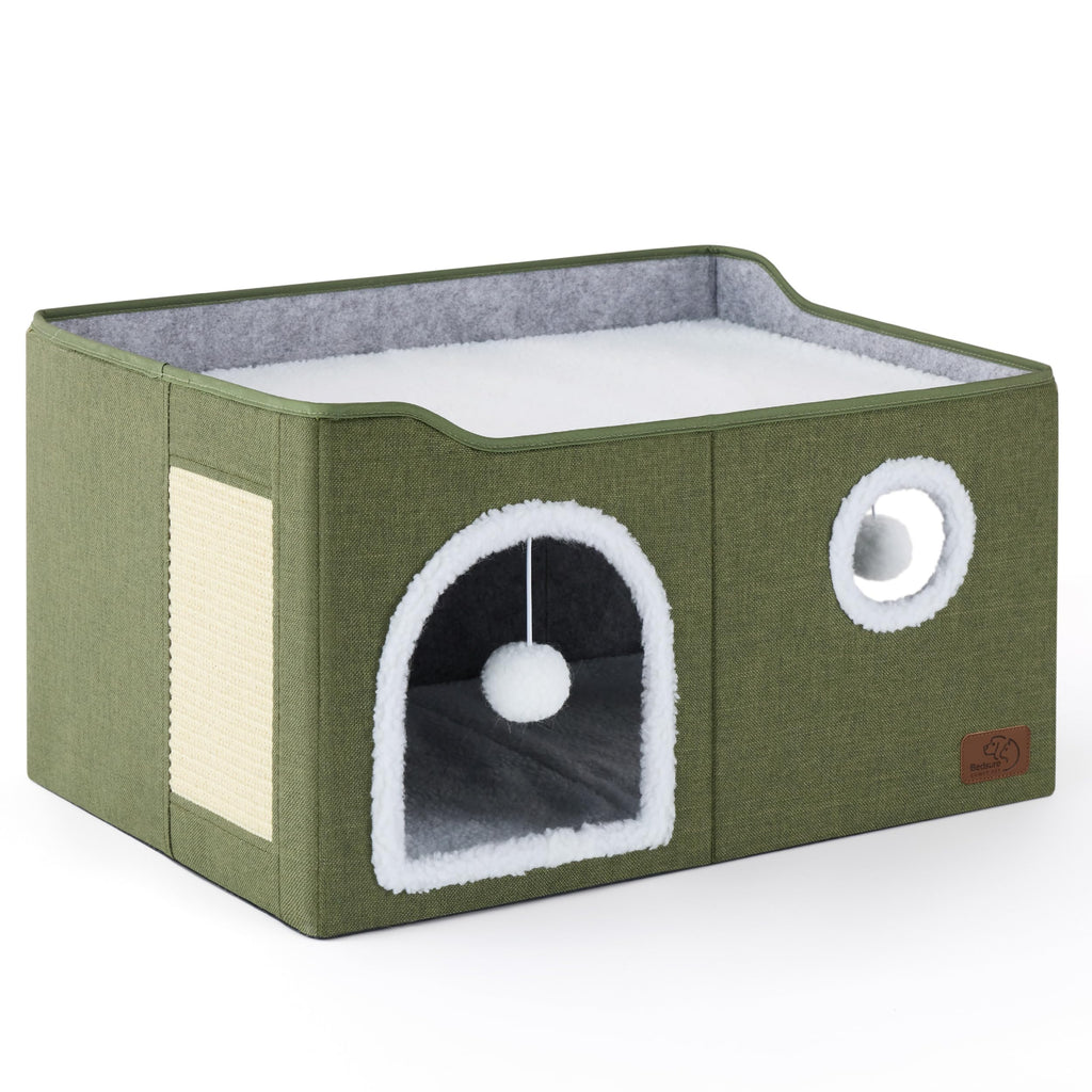 Large Cat Beds for Indoor Cats - Extra Wide Cat Cube House for Small Pet with Fluffy Ball Hanging and Scratch Pad, Foldable Pet Cave Hideaway for Multiple Cats, 23.6x16.9x13 inches