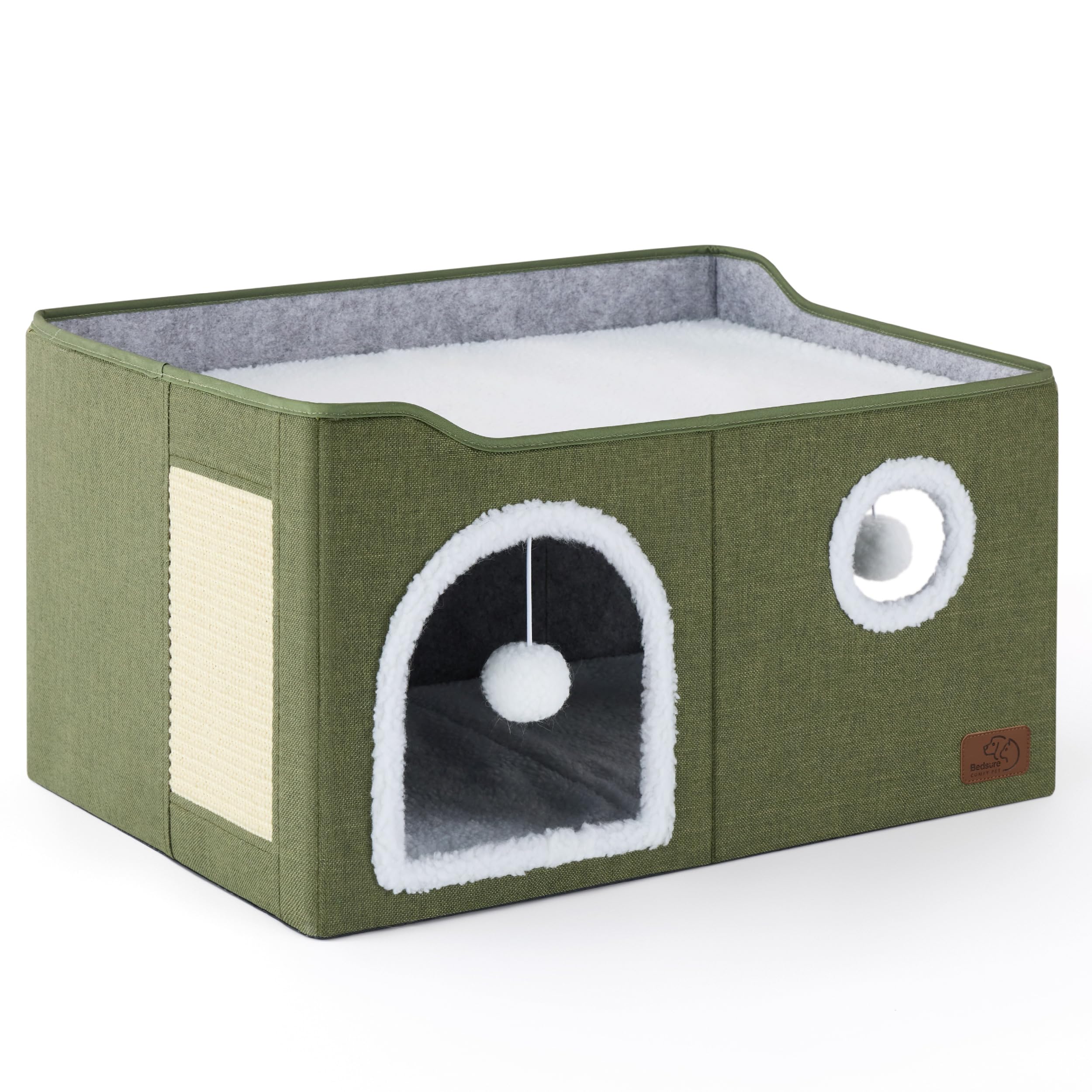 Large Cat Beds for Indoor Cats - Extra Wide Cat Cube House for Small Pet with Fluffy Ball Hanging and Scratch Pad, Foldable Pet Cave Hideaway for Multiple Cats, 23.6x16.9x13 inches