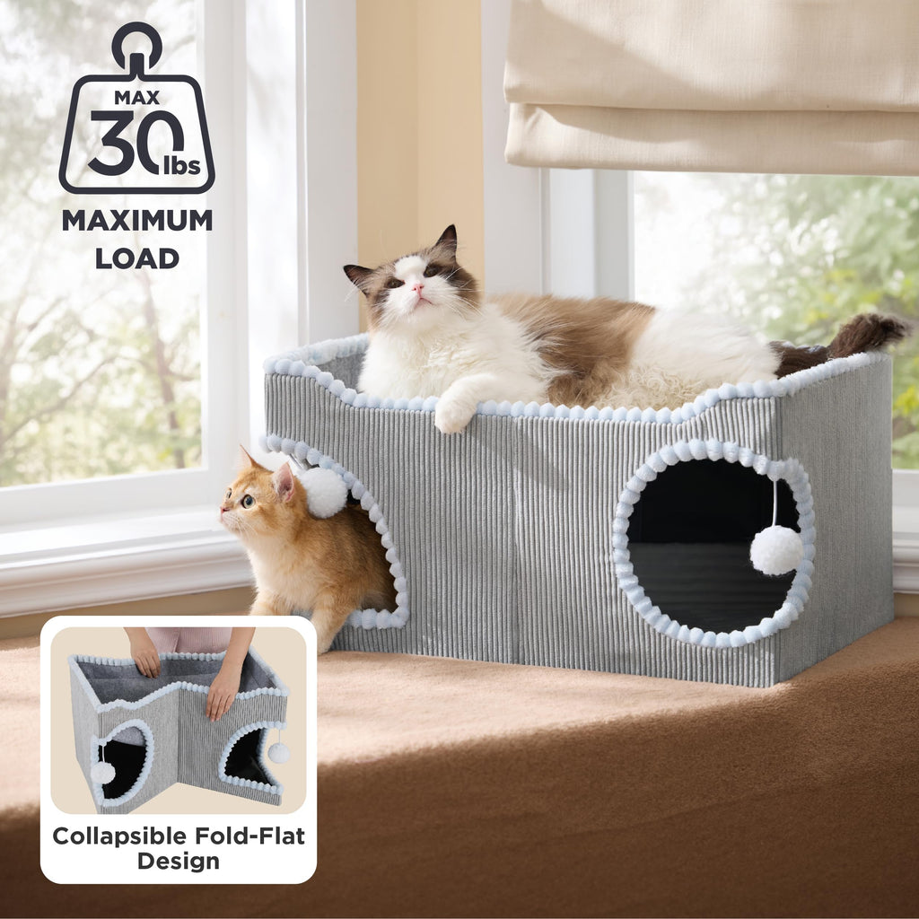 Large Cat Beds for Indoor Cats - Extra Wide Cat House with Scratch Removable Top Sisal Pad for Multi Cats, Foldable Cave Hideaway for Entertainment, 23.6x15.9x12.6inches, Grey