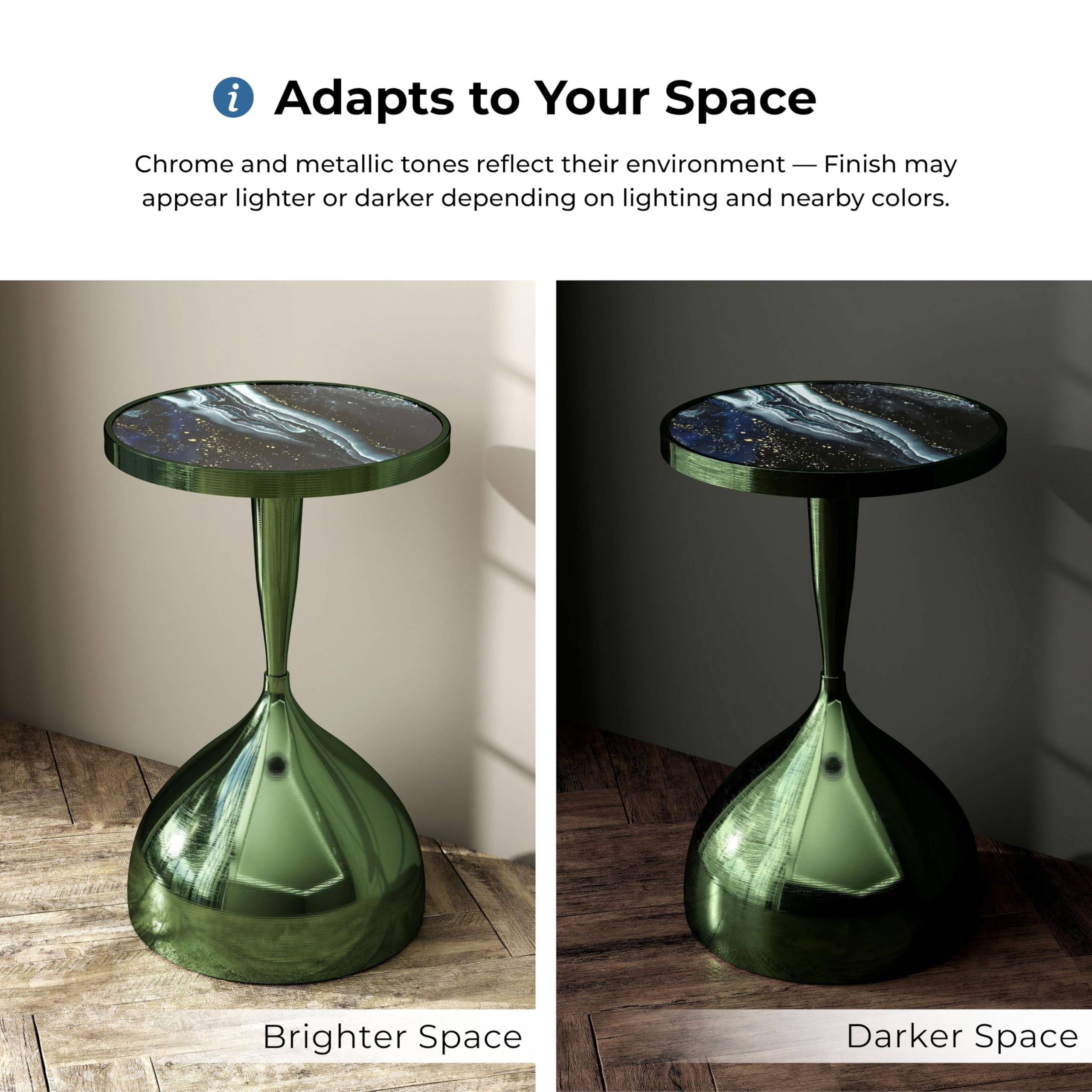 Modern 24" Tall Round End Table with Decorated Tabletop and Iron Metal Base, Accent Furniture, Elegant Pedestal Stand for Living Room, Home Office, Chrome Green