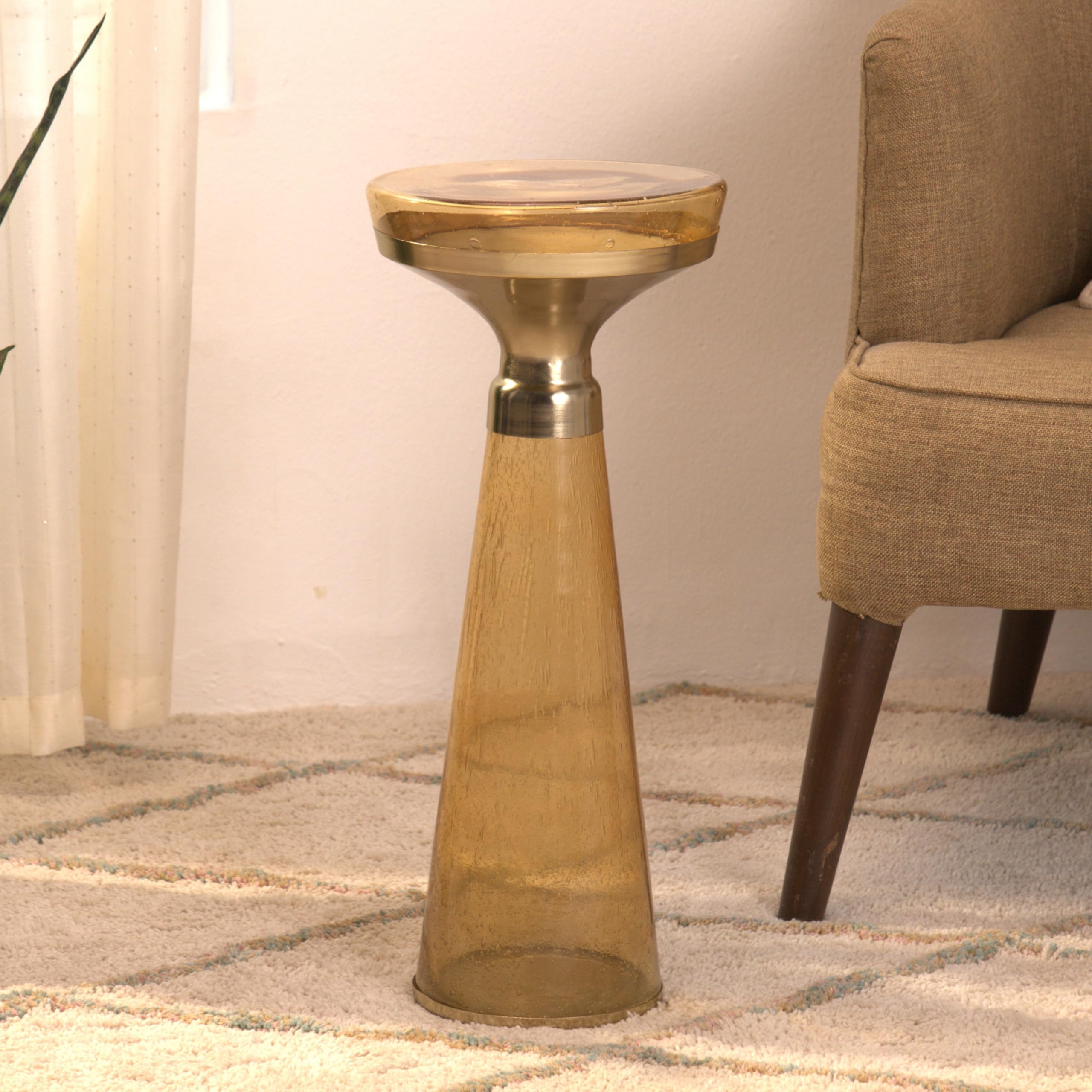 Modern Decorative Round Drink Table with Glass Base and Top with Gold Metal Accent, Martini, Gold Pedestal Table, Tall Side Table, Small Space end Table, for Living Room & Bedroom, Amber,Assembled