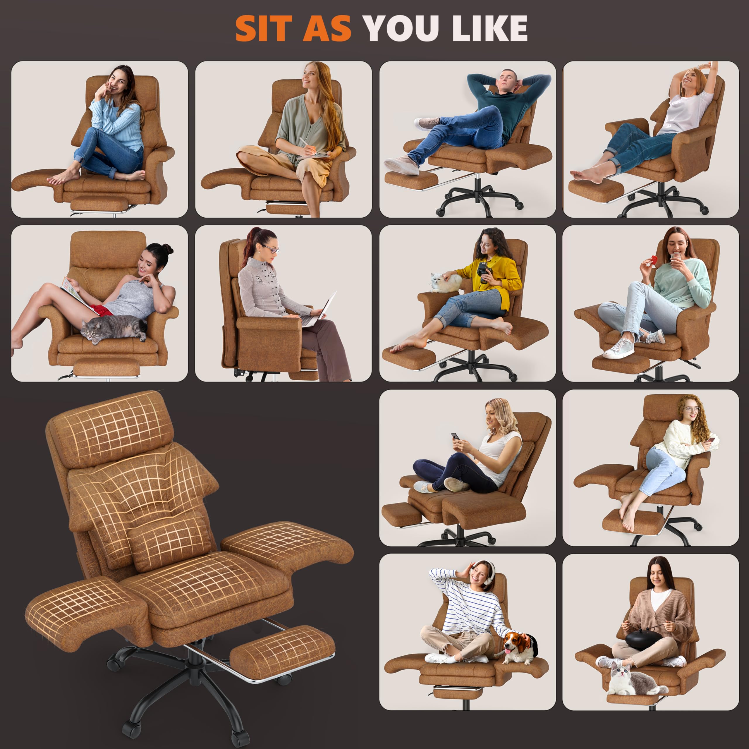 C39 Cross Legged Office Chair with Footrest & Convertible Armrests-Pet-Friendly Criss Cross Home Desk Chair, Ergonomic Big and Tall Executive Chair with Lumbar Pillow