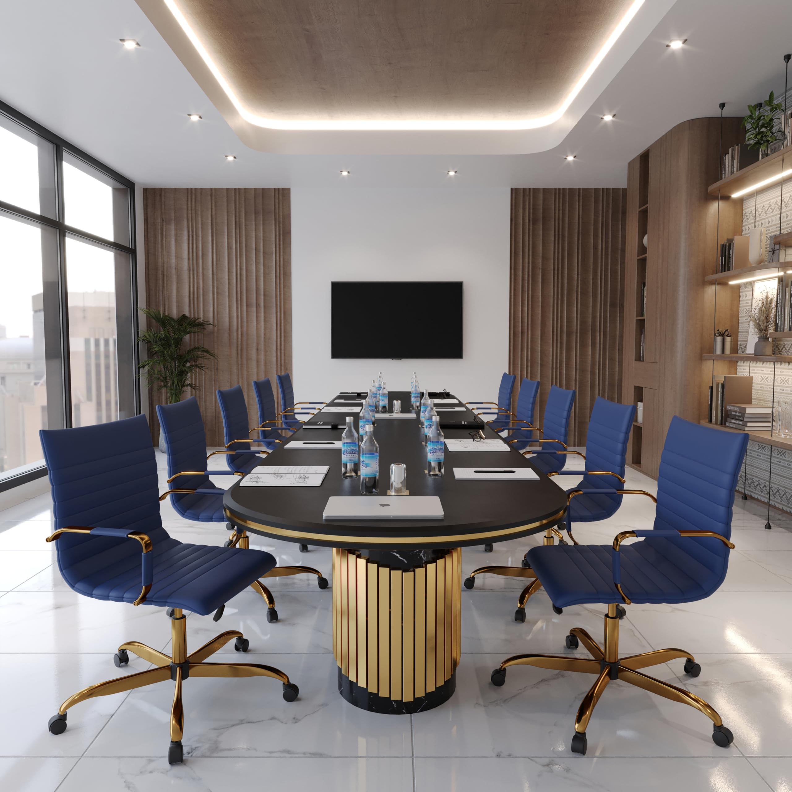 Modern Ergonomic Executive Office Chair, High-Back Leather Conference Desk Chair with Adjustable Height, Tilt Control, 360° Swivel & Gold Frame for Home Office