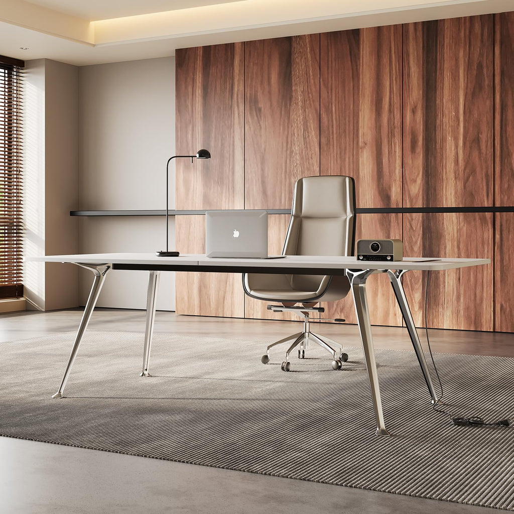 Writing Computer Desk, 60-Inch Large Executive Desk Office Workstation with Chrome-Plated Legs and Built-in Power Outlet, Writing Table Business Furniture, Modern Minimalist Style for Home Office