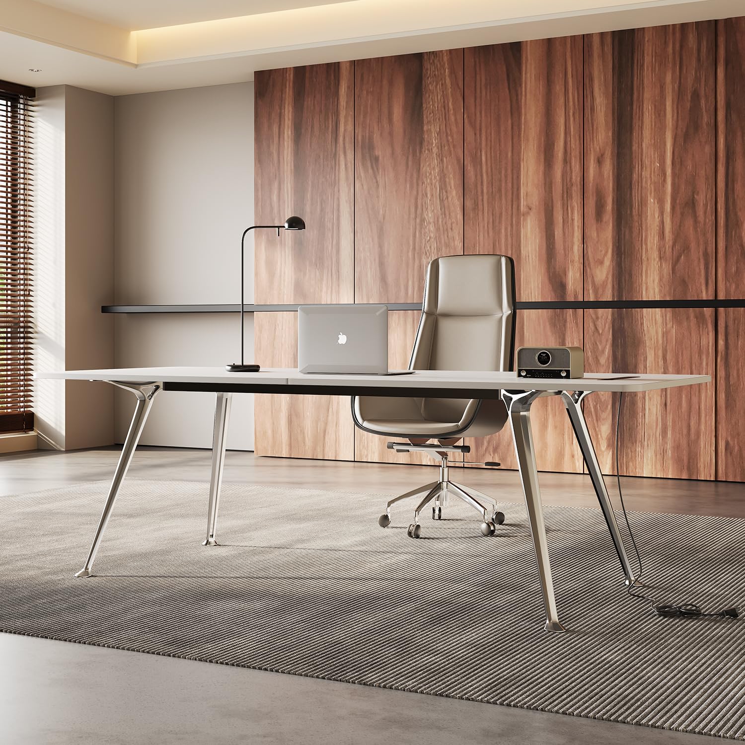 Writing Computer Desk, 60-Inch Large Executive Desk Office Workstation with Chrome-Plated Legs and Built-in Power Outlet, Writing Table Business Furniture, Modern Minimalist Style for Home Office