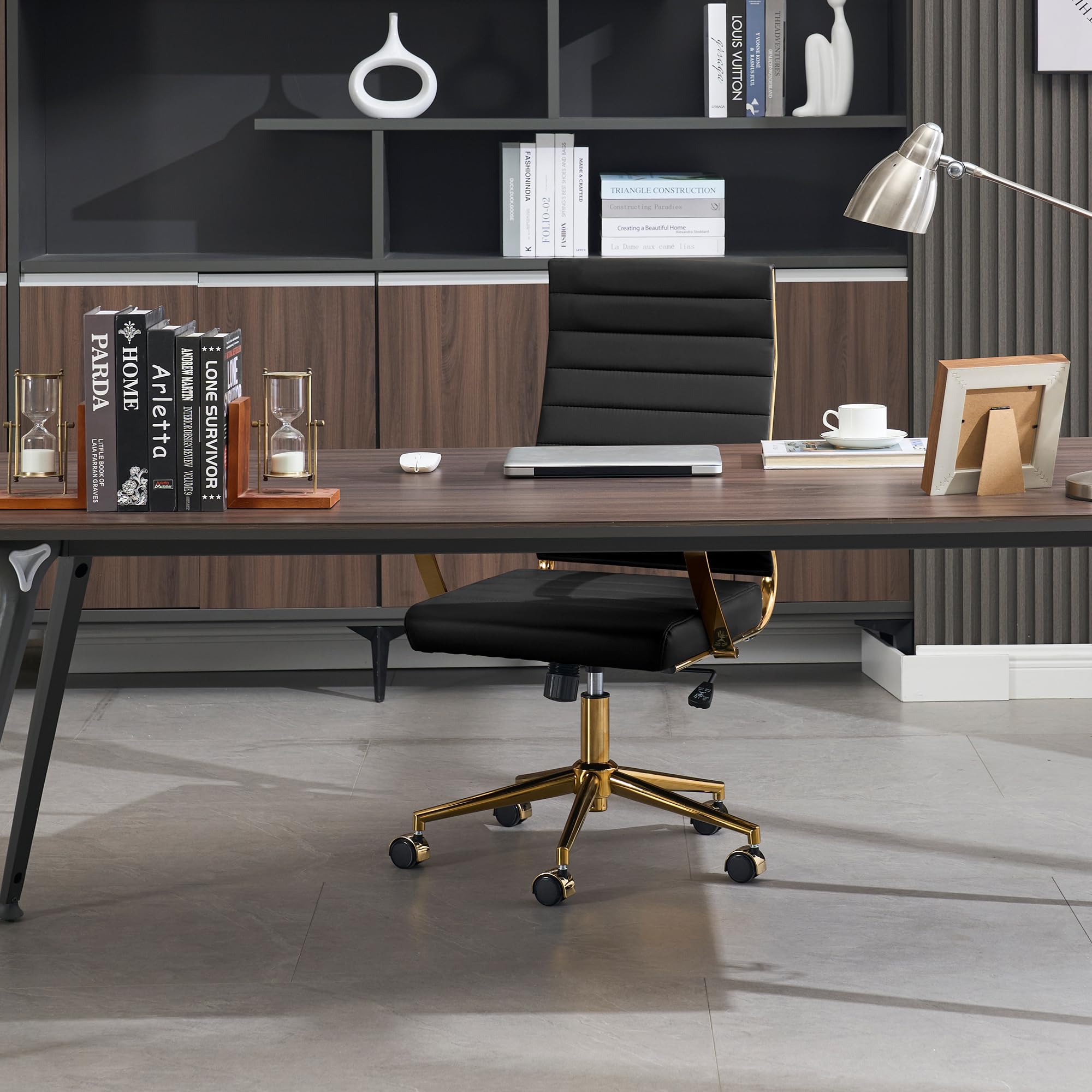 Gold Office Desk Chair, Ergonomic Leather Modern Conference Room Chairs, Executive Ribbed Height Adjustable Swivel Rolling Golden Chair for Home Office.