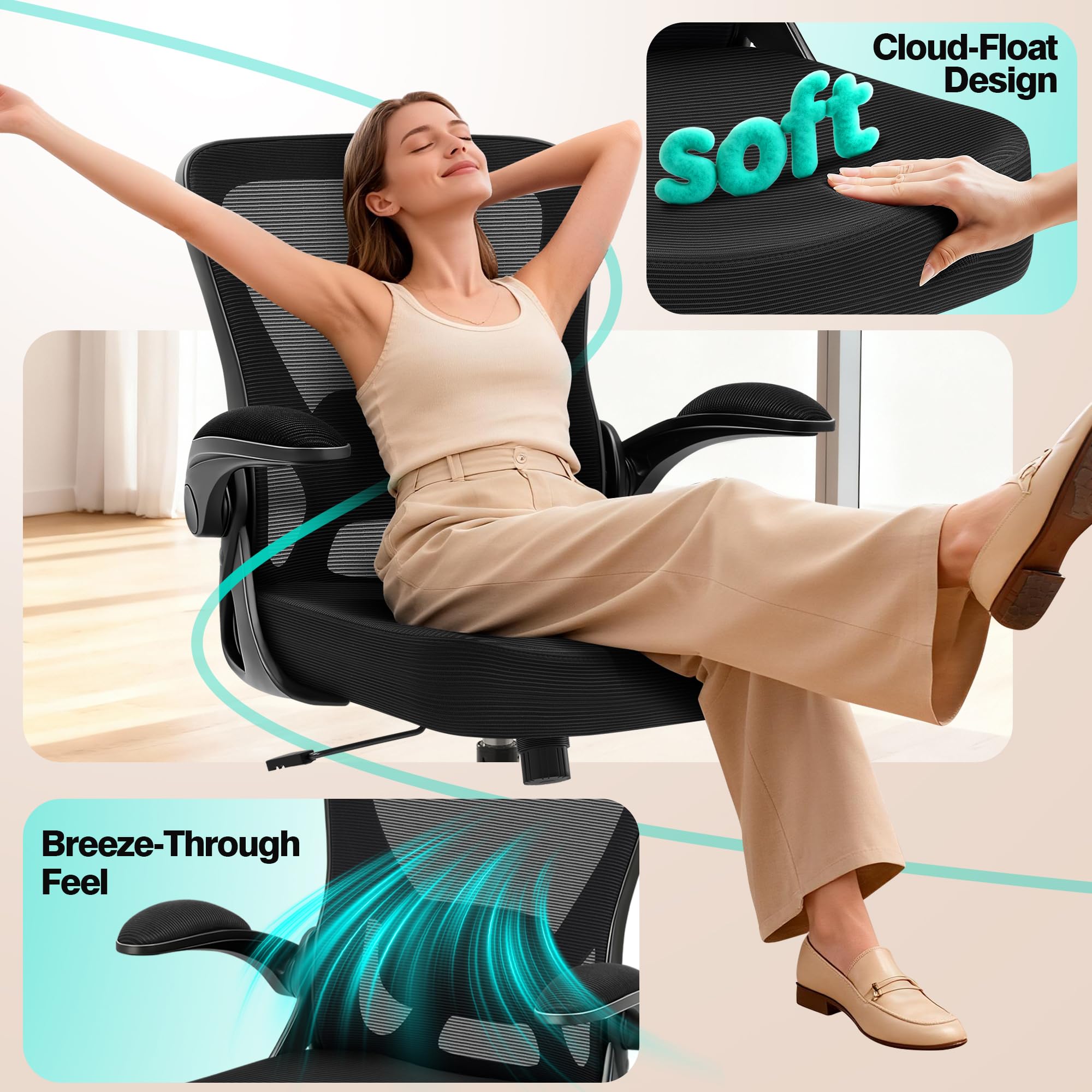 Office Chair - Ergonomic Breathable Mesh Desk Chair with Adjustable Lumbar Support and Flip-up Armrests - Executive High Back Rolling Swivel Comfortable Computer Gaming Chair for Home Office