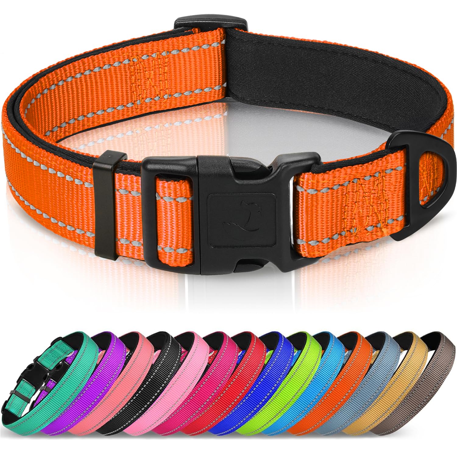 Reflective Dog Collar, Soft Neoprene Padded, Metal D-Ring, Nylon Pet Collar Adjustable for Medium Dogs, Orange, M