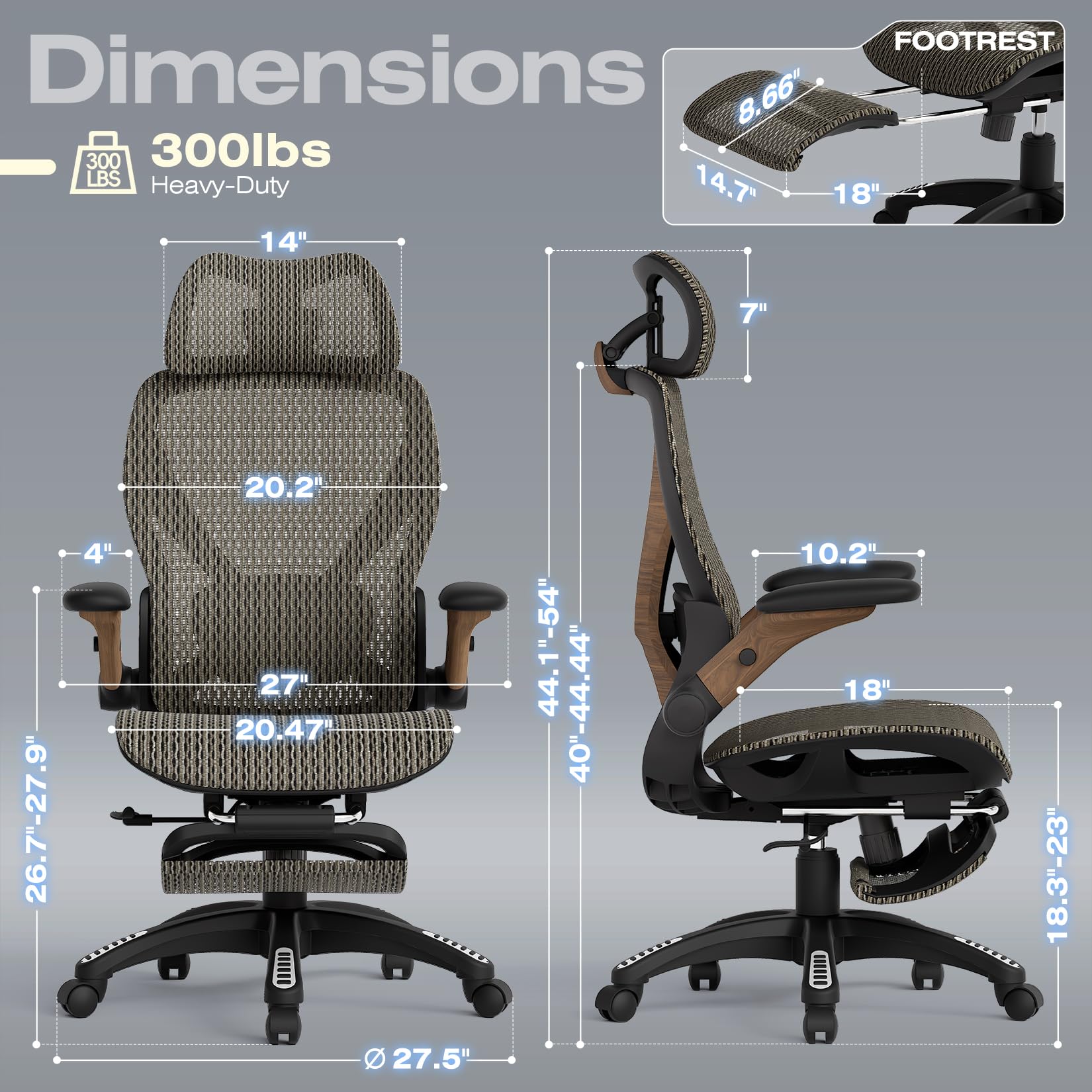 Ergonomic Office Chair with Footrest, Big and Tall Home Desk Chair with 5D Flip-Up Arms, Adjustable 3D Lumbar Support,High Back Rolling Computer Chair, Swivel Mesh Chairs (Coffee Break)