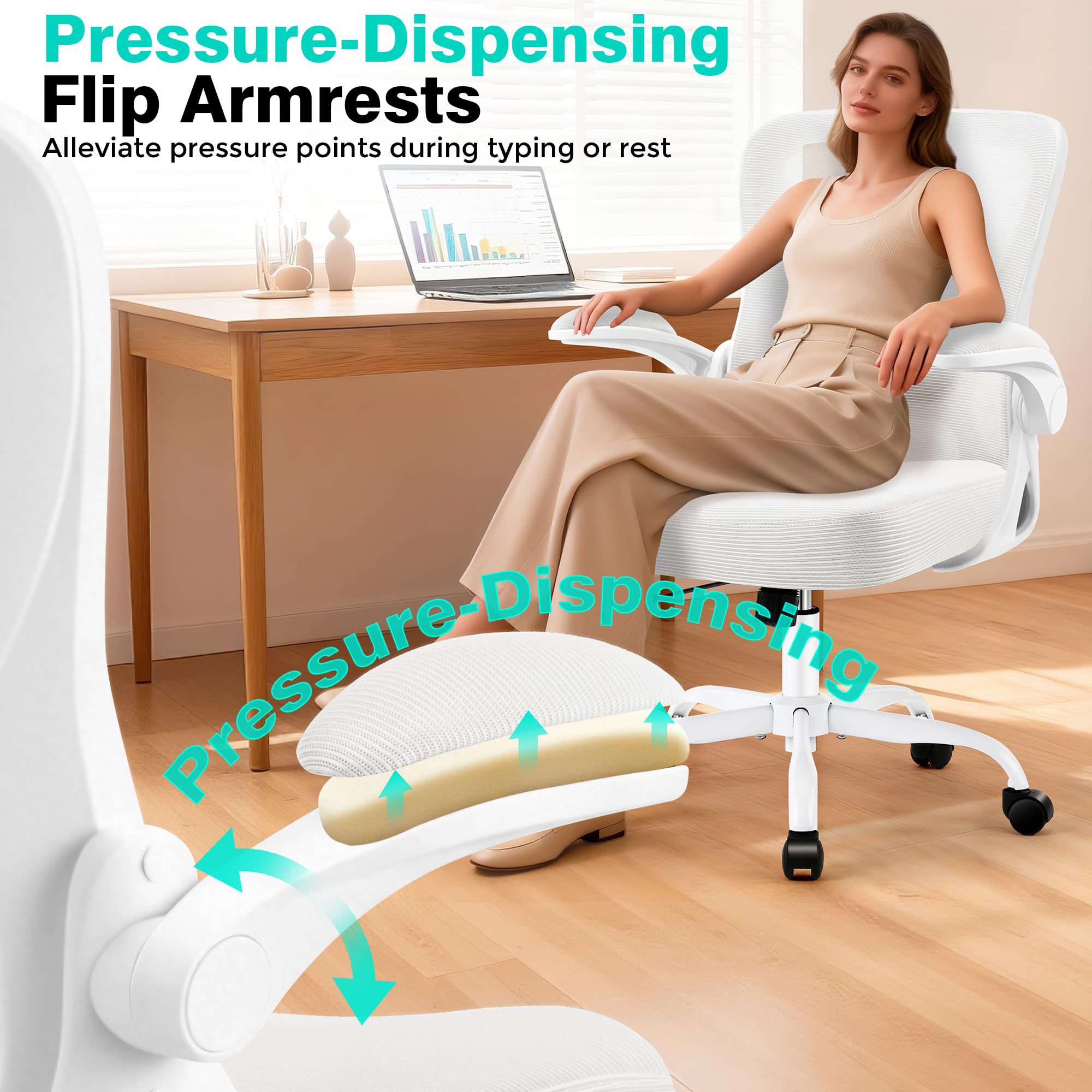 Office Chair - Ergonomic Breathable Mesh Desk Chair with Adjustable Lumbar Support and Flip-up Armrests - Executive High Back Rolling Swivel Comfortable Computer Gaming Chair for Home Office