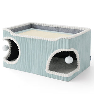 Large Cat Beds for Indoor Cats - Extra Wide Cat House with Scratch Removable Top Sisal Pad for Multi Cats, Foldable Cave Hideaway for Entertainment, 23.6x15.9x12.6inches, Blue