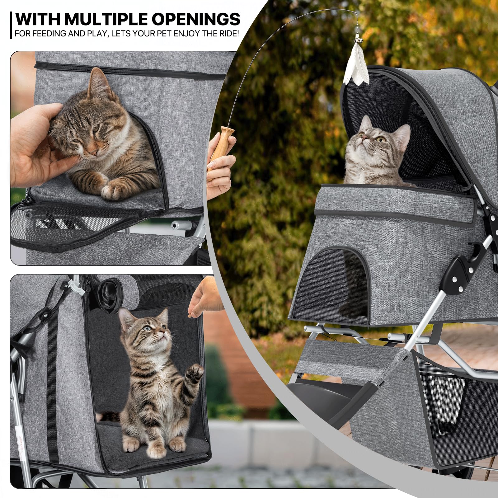 3 Wheels Pet Dog Cat Stroller for Small Medium Dogs and Cats, Lightweight Foldable Jogger Stroller w/Storage Basket and Cup Holder, Gray