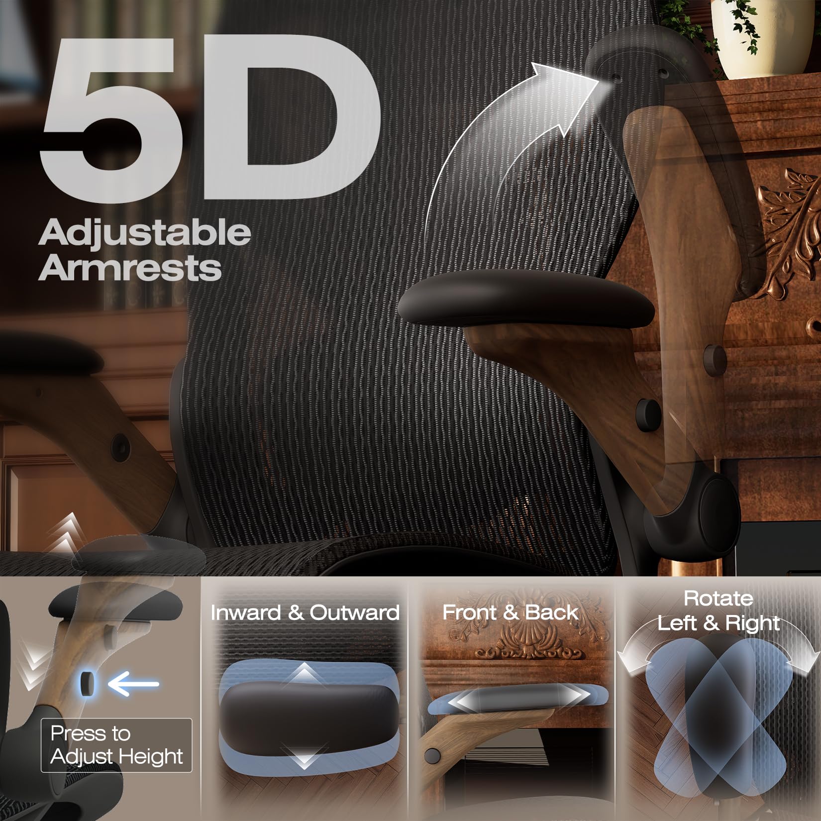 Ergonomic Office Chair with Footrest, Big and Tall Home Desk Chair with 5D Flip-Up Arms, Adjustable 3D Lumbar Support,High Back Rolling Computer Chair, Swivel Mesh Chairs (Library Oak)